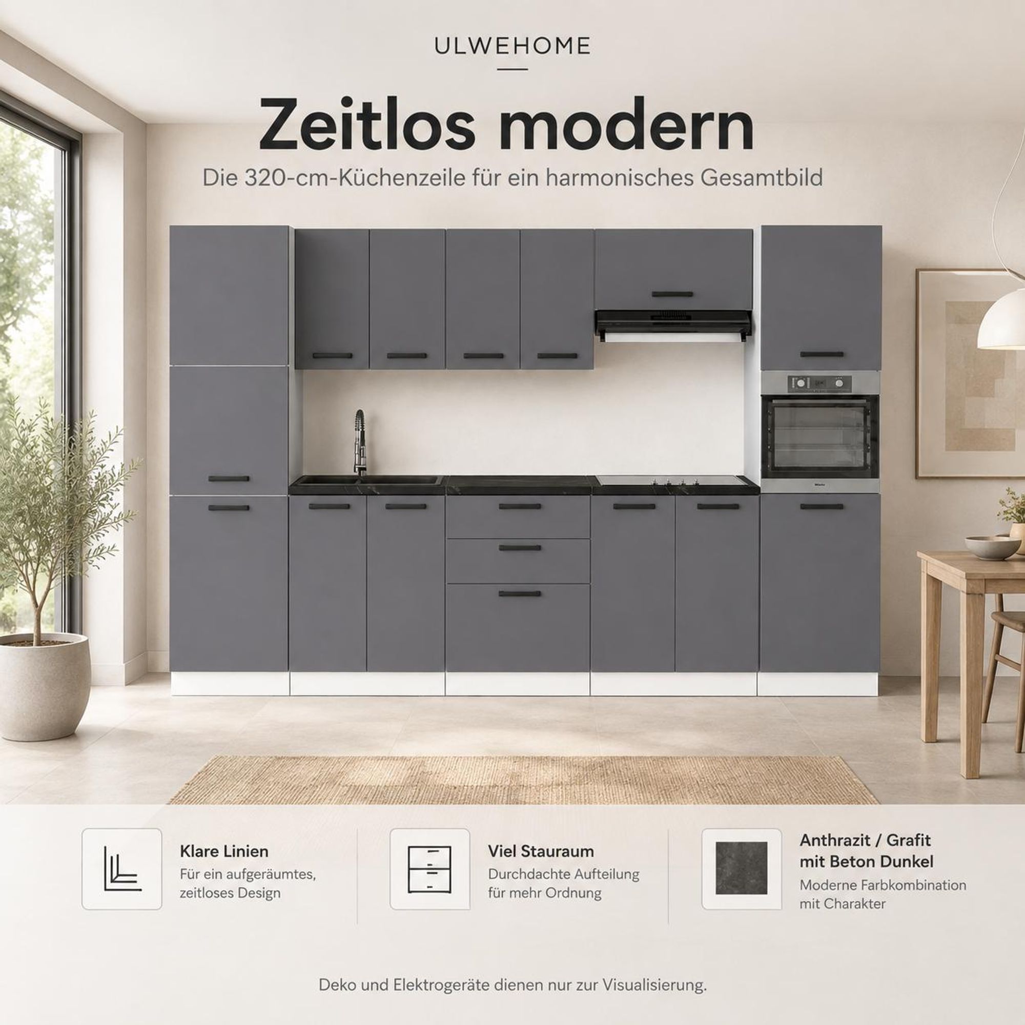 Moderne Küchenzeile 320 cm Anthrazit: Viel Stauraum & durchdachte Aufteilung