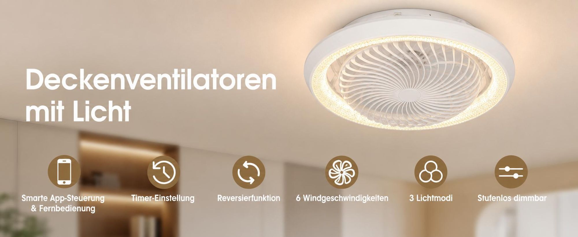 Deckenventilator mit Beleuchtung und Fernbedienung 360° Drehung 3000K-6500K Dimmbar 6 Stufen LED Deckenleuchte mit Ventilator App Steuerung