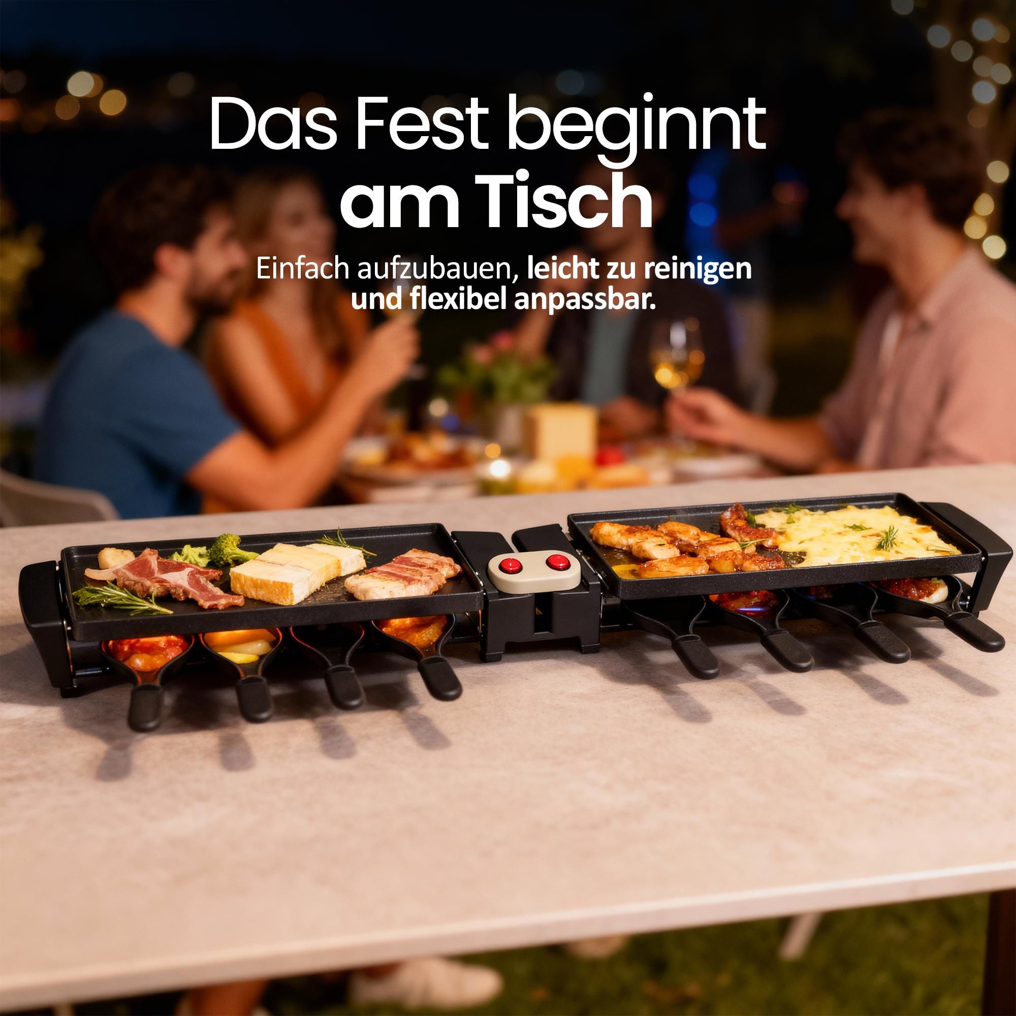 Emerio Raclette-Grill RG-132098.2 – Gourmet – PFAS-frei – 8 Pfännchen und Spatel – ILAG-Beschichtung