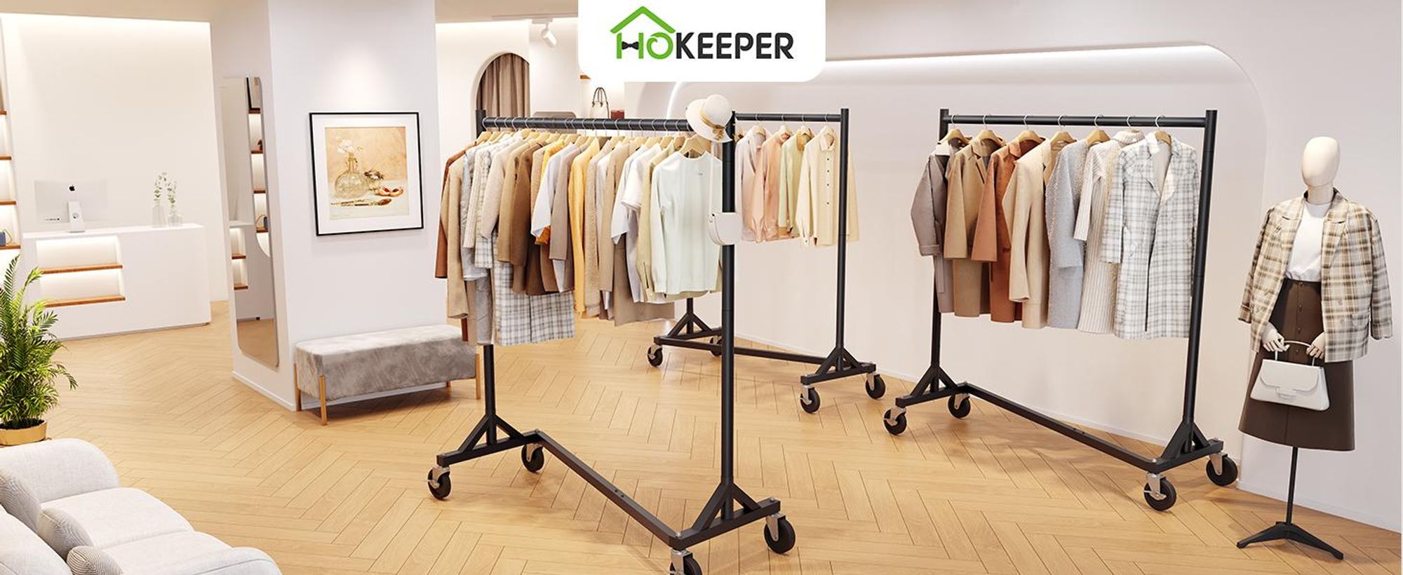 HOKEEPER Kommerzieller Kleiderständer mit Z-Ständer, Tragkraft 182 kg, robuster Kleiderstange auf Rollen, schwarz