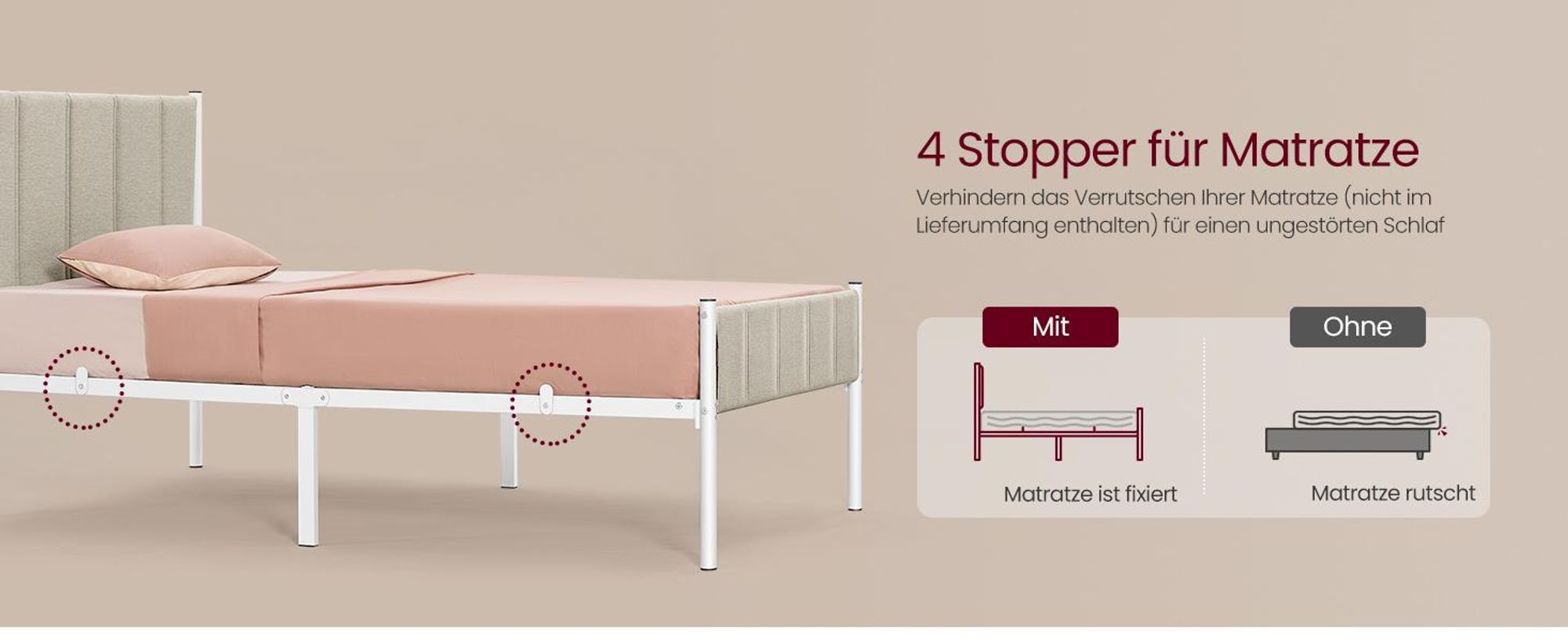VASAGLE Einzelbett, Bettgestell, 90 x 200 cm, mit gepolstertem Kopfteil, Bettrahmen, Stahl, trägt bis zu 250 kg, beige