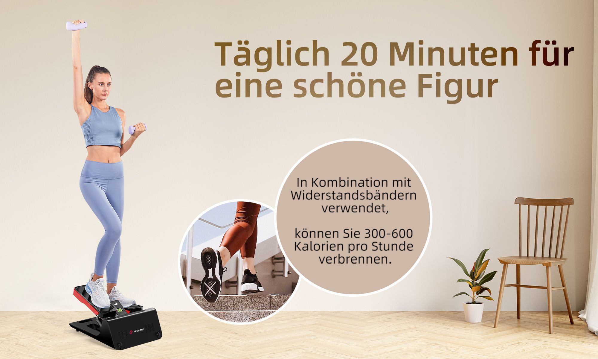 JASPORT ST3 Stepper, Up-Down Stepper mit Power Ropes, Widerstandstraining, mit Multifunktionsdisplay, verschleißfreie Hydraulik-Zylinder, leise