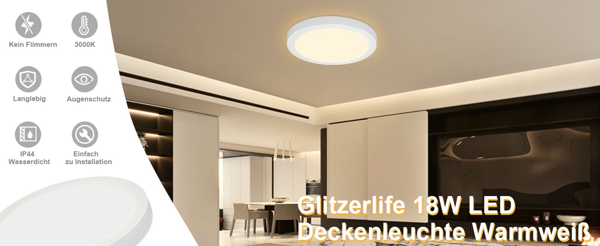 Ploché 18W stropní svítidlo LED Glitterlife je vyrobeno z vysoce kvalitního plastového materiálu.