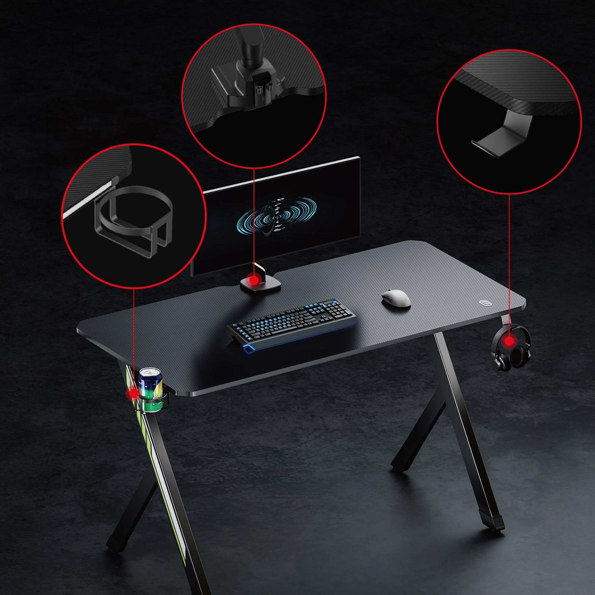 NanoRS Gaming-Tisch schwarz mit Kopfhörer- und Becherhalter max. 75kg Abmessungen 1200x600x750mm RS101