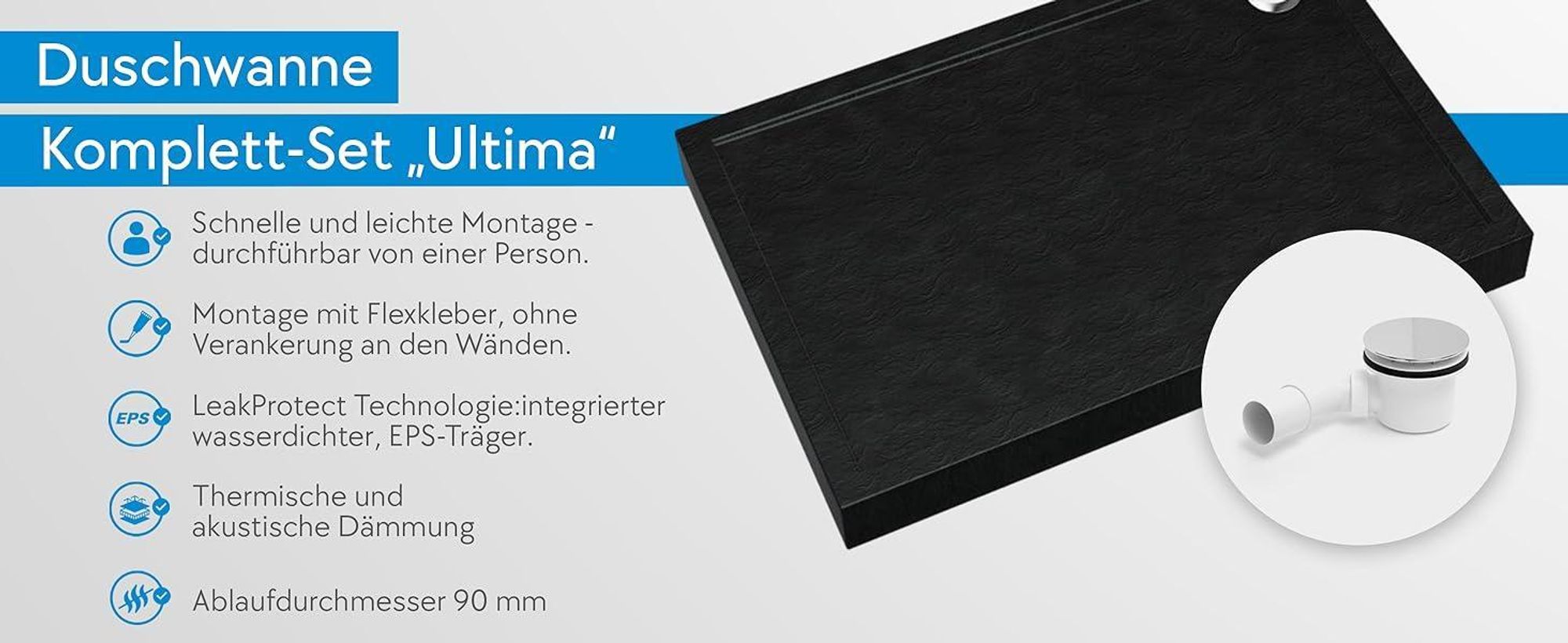 AQUABAD® Duschwanne Komplettset Ultima LeakProtect® Black Stone 80x100cm Rechteck mit Ablaufgarnitur Alcadrain A49CR