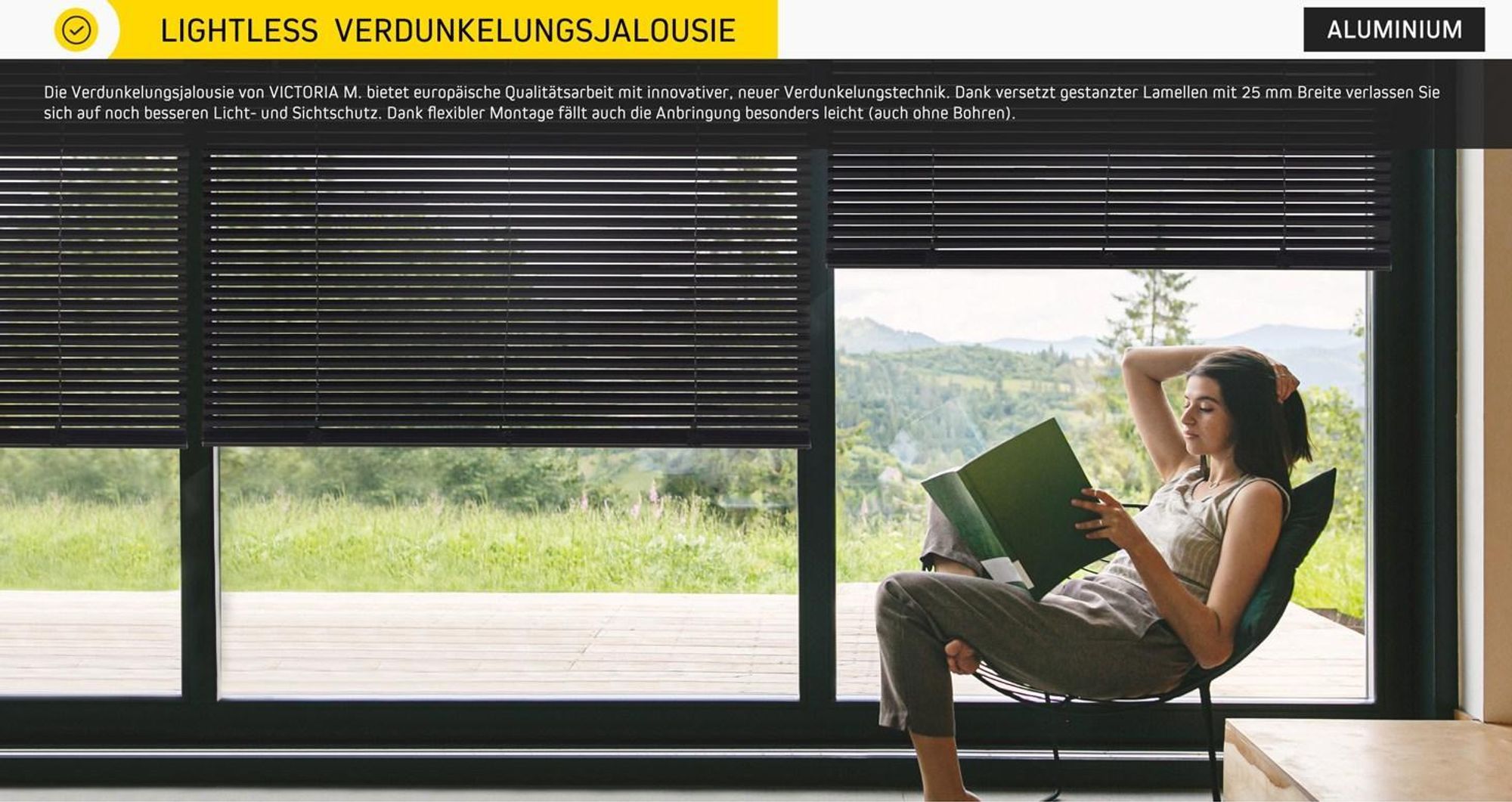 LightLess Aluminium-Jalousie, 25 mm, verdunkelnd, 125 x 150 cm, schwarz matt ohne Bohren, für Fenster & Türen, blackout, Energieeffizient & schallreduzierend, Blicken und Blendlicht JALOUSIESCOUT