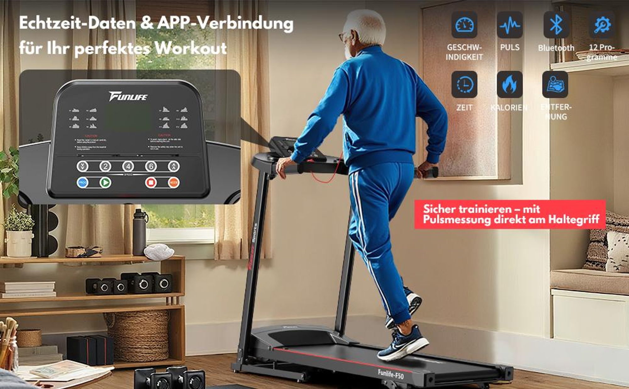 Laufband mit Herzfrequenzsensor und Sicherheitsgriff für sicheres Training