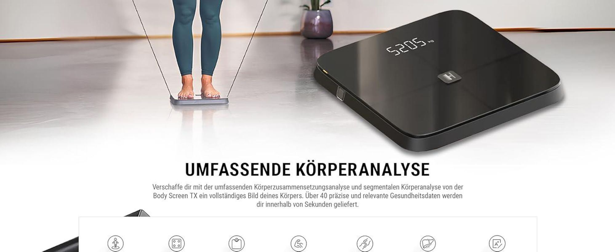 HAMMER Körperanalysewaage Body Screen TX, weiß, 8 Sensoren, 15 Messungen inkl. App