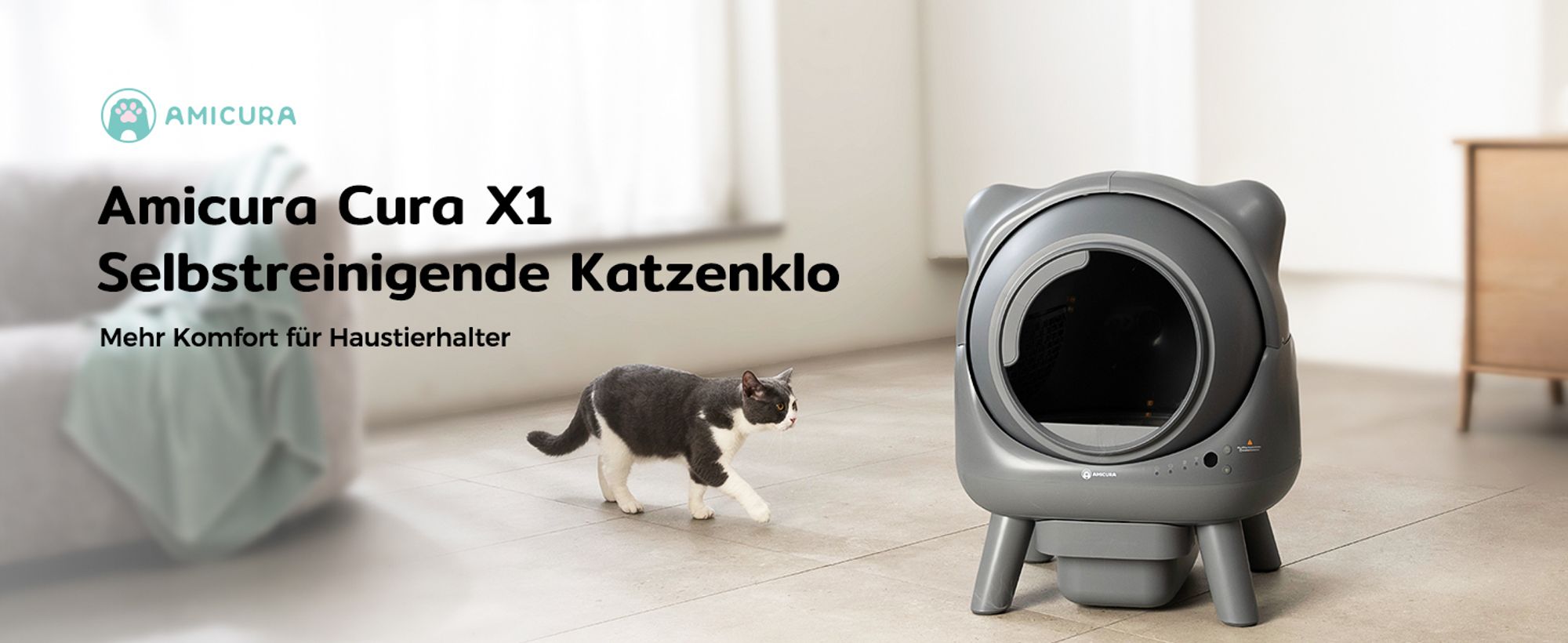 Amicura X1 Katzenklo Selbstreinigend mit App-Steuerung, Sicherheitssensor (Anti-Pinch) Elektronisches Katzenklo, XXL Geruchsdichter Abfallbehälter
