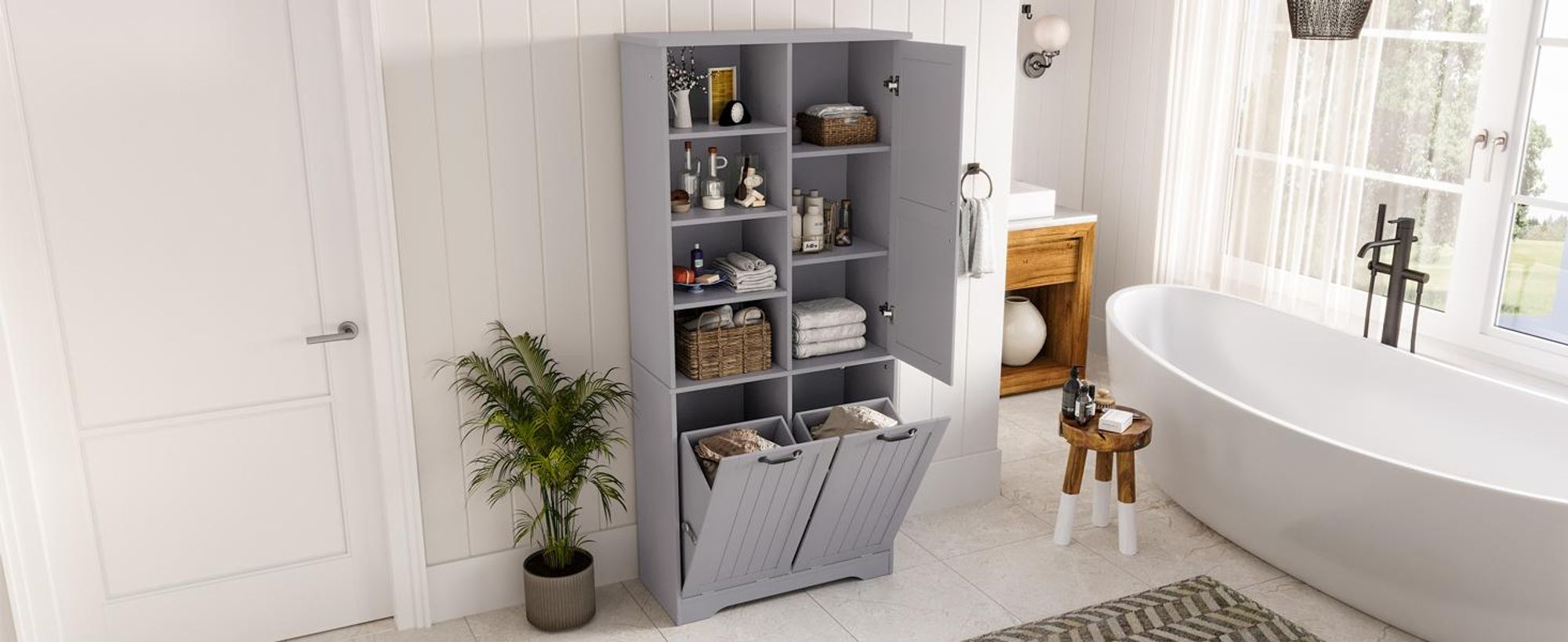 STILVORA 78x35x172cm Badkommode weiß mit verstellbare Regale, Hochschrank Badezimmerschrank mit 2 wäschekorb,grau