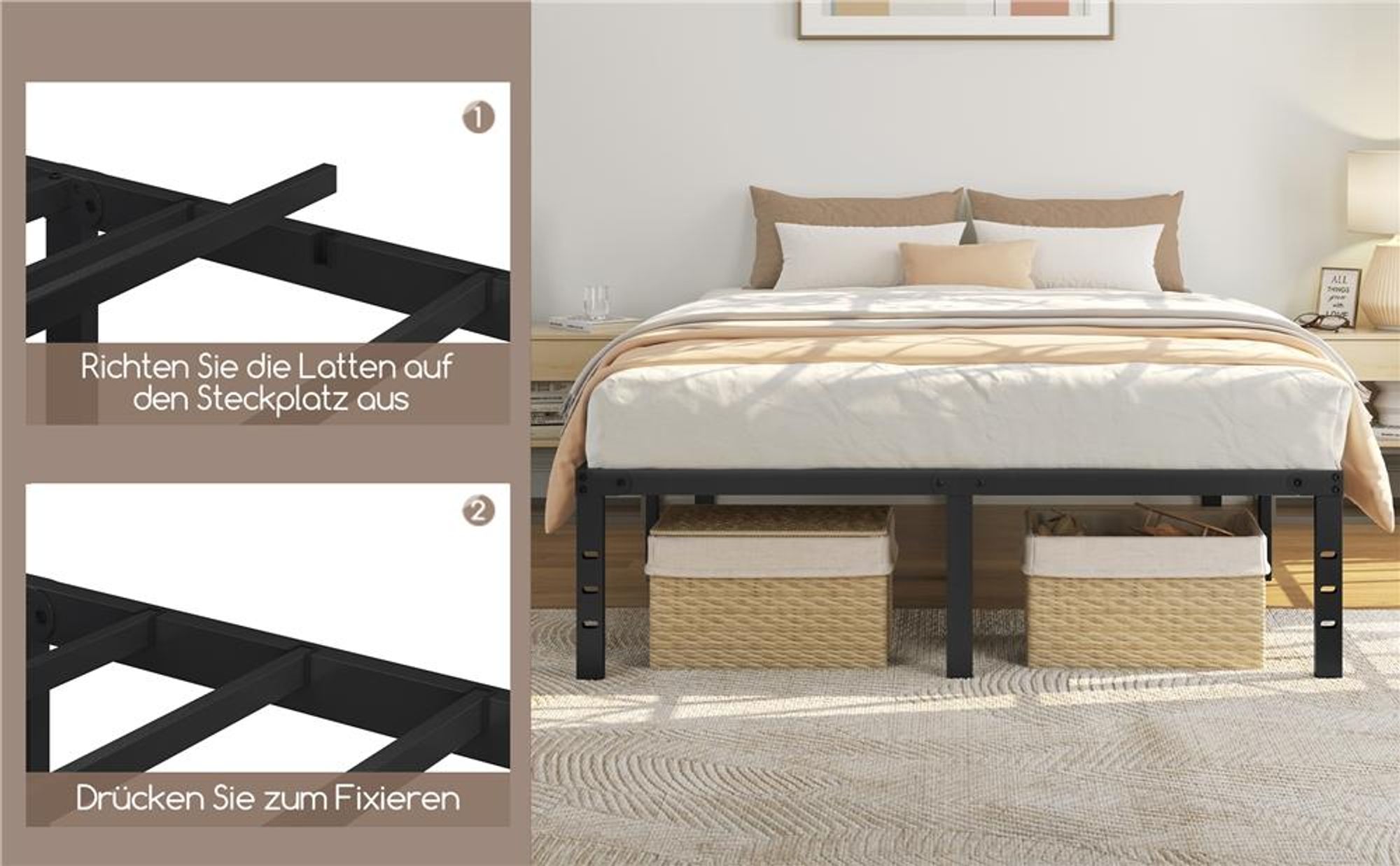 Yaheetech Bettrahmen 36cm H Metallbett mit Lattenrost, Bettgestell aus Metall, Modern Doppelbett Einzelbett Leichte Montage, 140 x 200 cm, Schwarz