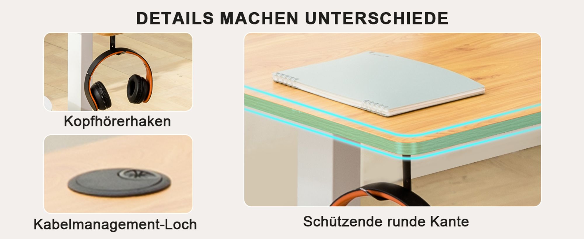 COMHOMA Schreibtisch Höhenverstellbarer Computertisch elektrisch, stufenlos, mit Steckdose und Haken
