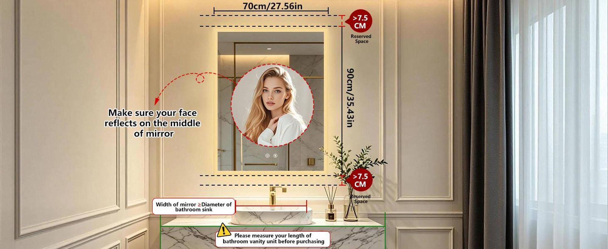 WISFOR LED Badspiegel 70x90 cm Wandspiegel mit Licht dimmbar Anti-Beschlag IP66