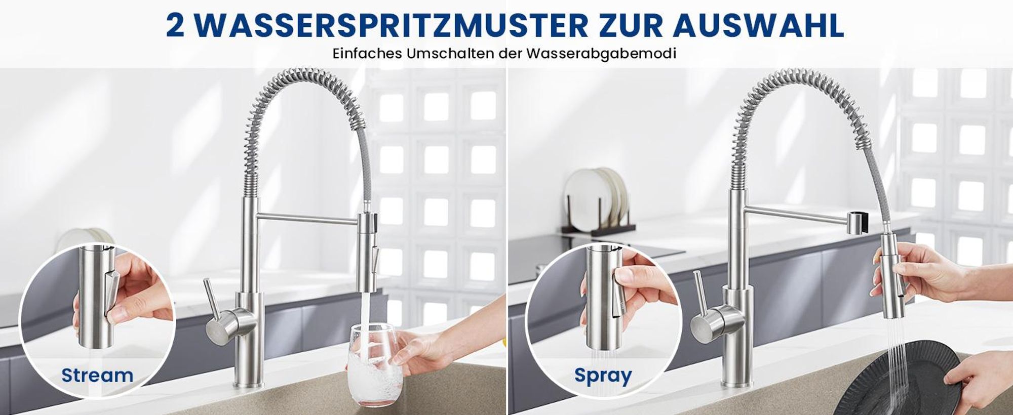 Wasserhahn Küche Spiralfederarmatur, 2 Strahlarten Spültischarmatur Gebürstet, 360° Drehbar 304 Edelstahl Küchenarmatur Cecipa, Einhandmischer
