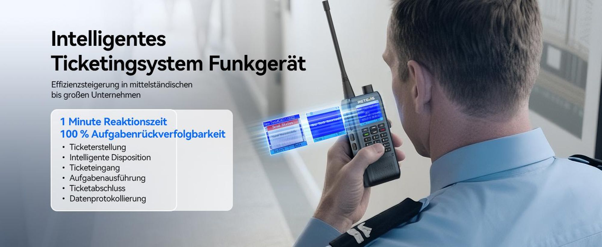 Retevis MateTalk C63 Funkgerät mit Headset, Jobticket-System-Vibrationsalarm/SMS-Funktion, 1,77-Zoll-LCD, 2200 mAh, 3 Anrufmodi, für Einkaufszentren