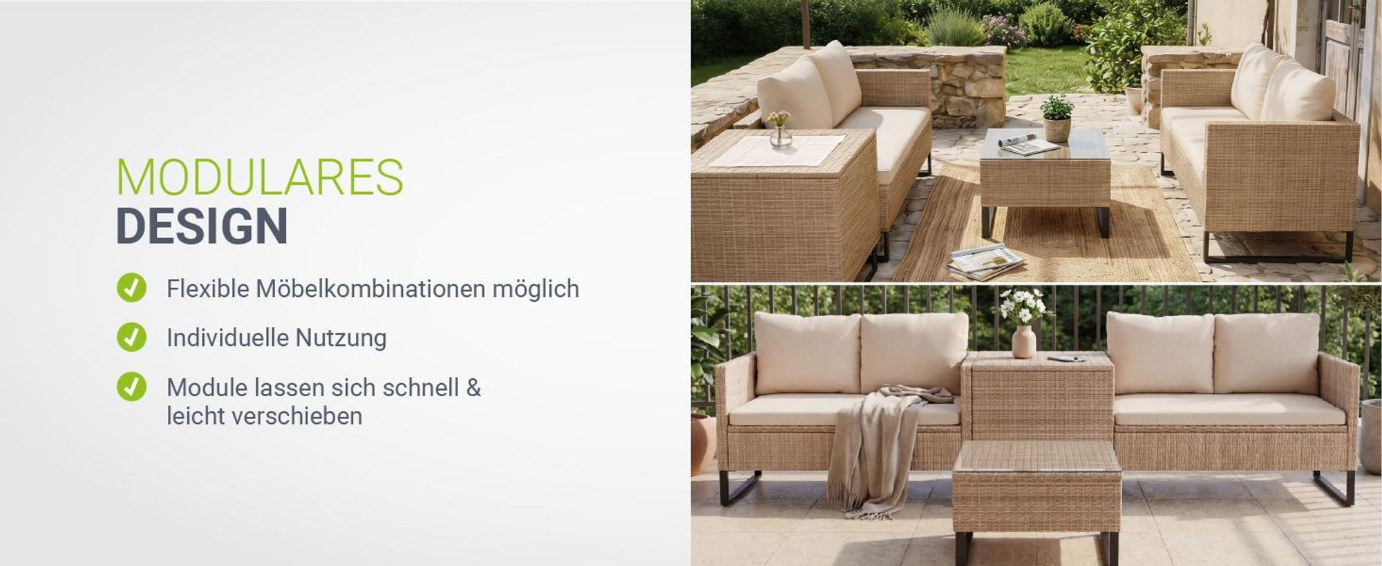 Juskys Polyrattan Lounge Santorini - Sitzecke mit Beistelltisch & Auflagenbox - Creme