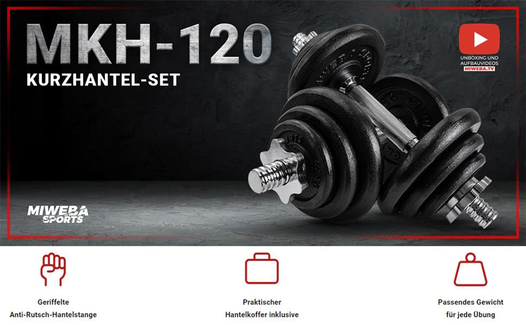 Miweba Sports Hantelset MKH120 | 20 kg - inkl. Kunststoffkoffer - 2x Hantelstange - 4x Sternverschluss - 4x 2,5 kg - 4x 1,25 kg - 4x 0,5 kg (Schwarz)