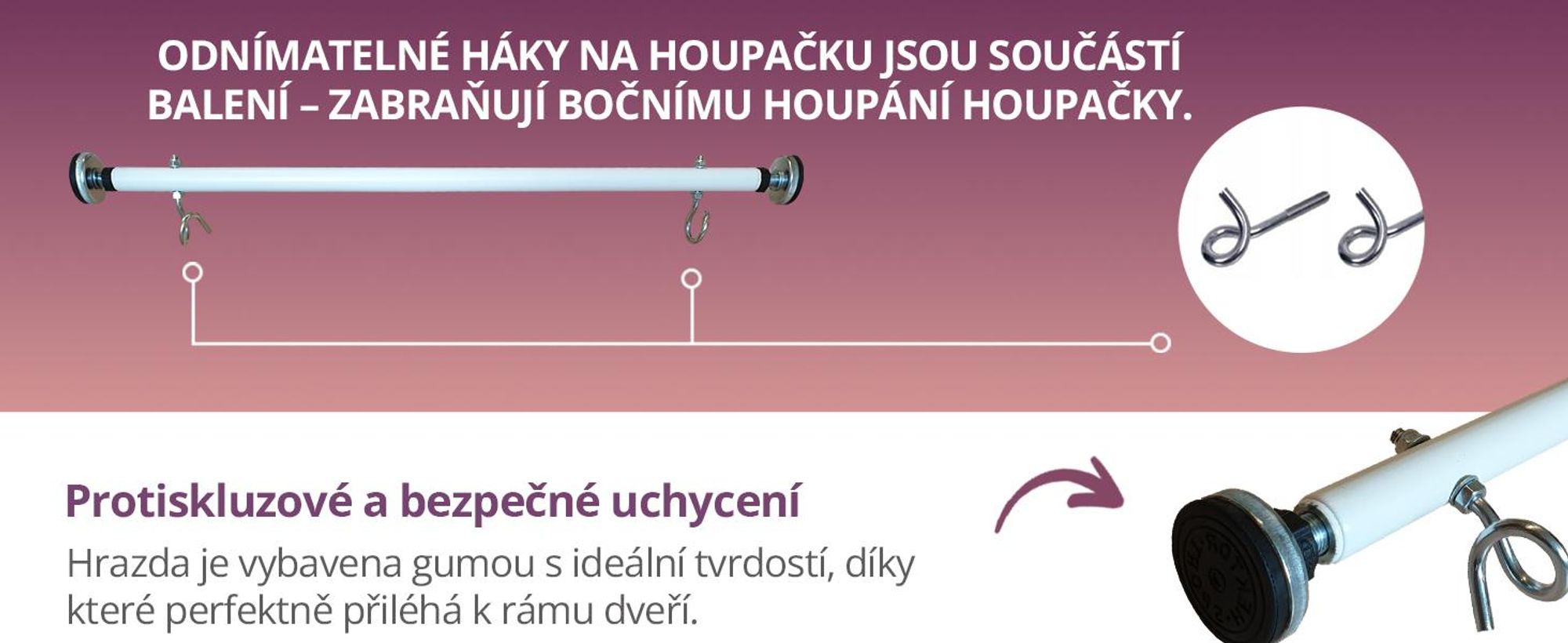 Create for you® - Hrazda na Přitahování s Hákem pro Dětskou Houpačku - Fitness Vybavení na Doma - Montáž bez Vrtání, do Dveřního Rámu, s Háky - 70 cm