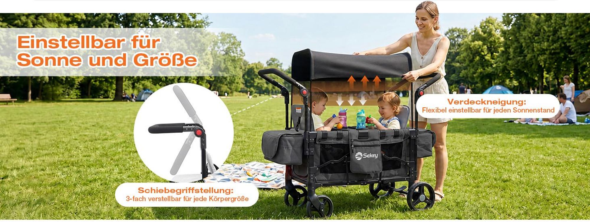 Sekey Bollerwagen Faltbar mit Dach Zwillingsmodus Kinderwagen Doppelsitz mit 2x 5-Punkt-Gurtsystem, Schwarz