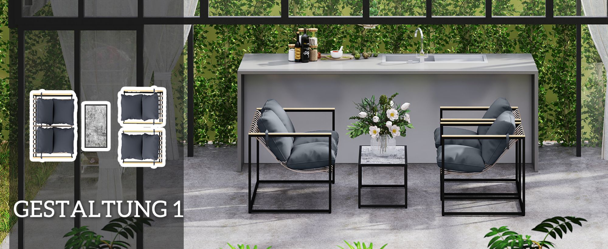 Outsunny Stahl Gartenmöbel Set 4 Personen Balkonmöbel-Set mit 2er Sofa Grau