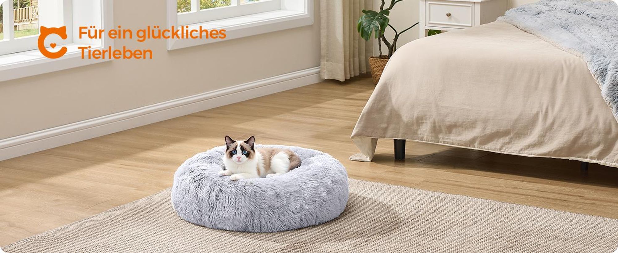 Feandrea Hundebett flauschig, Katzenbett, Donut Kissen, waschbar, Polsterung in der Mitte herausnehmbar, langer Plüsch, 70 cm Durchmesser, Ombré-Grau