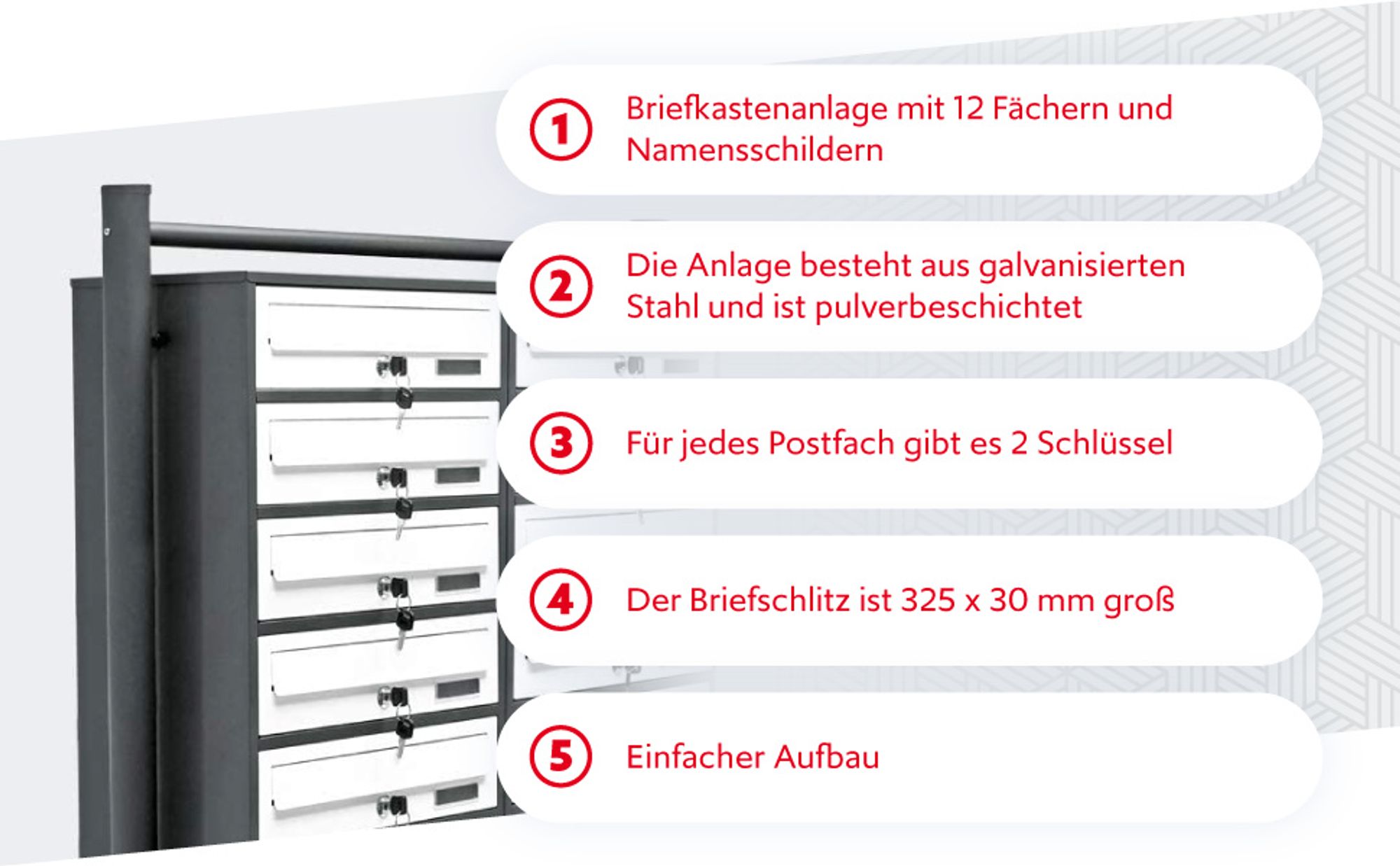 Wiltec 12er Briefkastenanlage Weiß/Anthrazit 945 x 270 x 1500 mm, Standbriefkasten mit 2x6 Fächern, Schlüssel und Namensschild, Briefkasten Postkasten mit Ständer