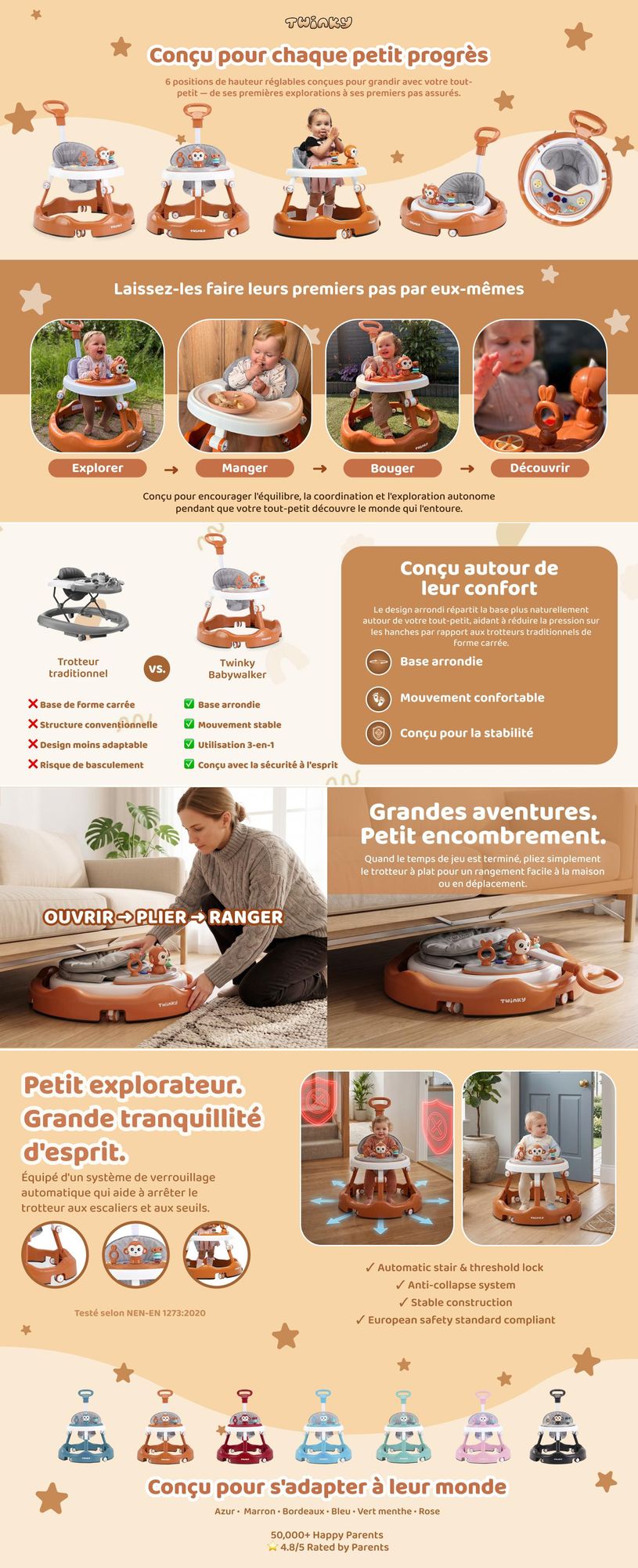 Trotteur Twinky® marron - Trotteur avec ensemble de jeux et accessoires pour un apprentissage ludique et en toute sécurité - avec tapis de sol et poignée