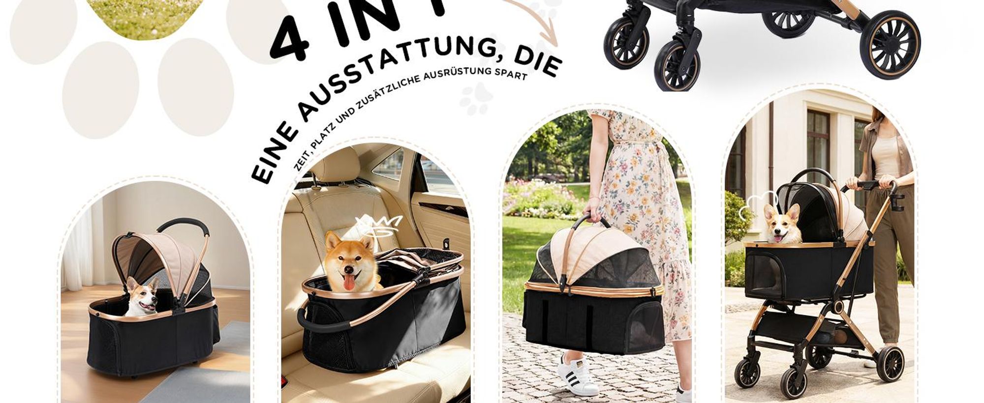 COMHOMA Hundebuggy klappbar bis 25KG, 360°schwenkbares EVA-Vorderrad und Hinterradbremsen, 4-in-1 Hundewagen, Faltbar Katzenwagen Gold