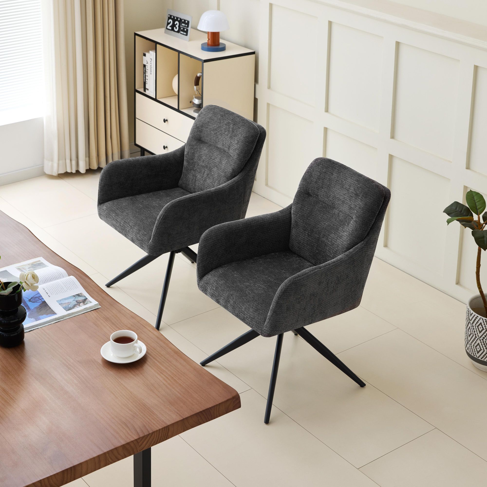 Deuline Esszimmerstühle 4er Set  360° drehbar mit Armlehne, Polsterstuhl Chenille, Drehstuhl Esszimmer, Küchenstuhl für Esszimmer, Küche, Grau 521262