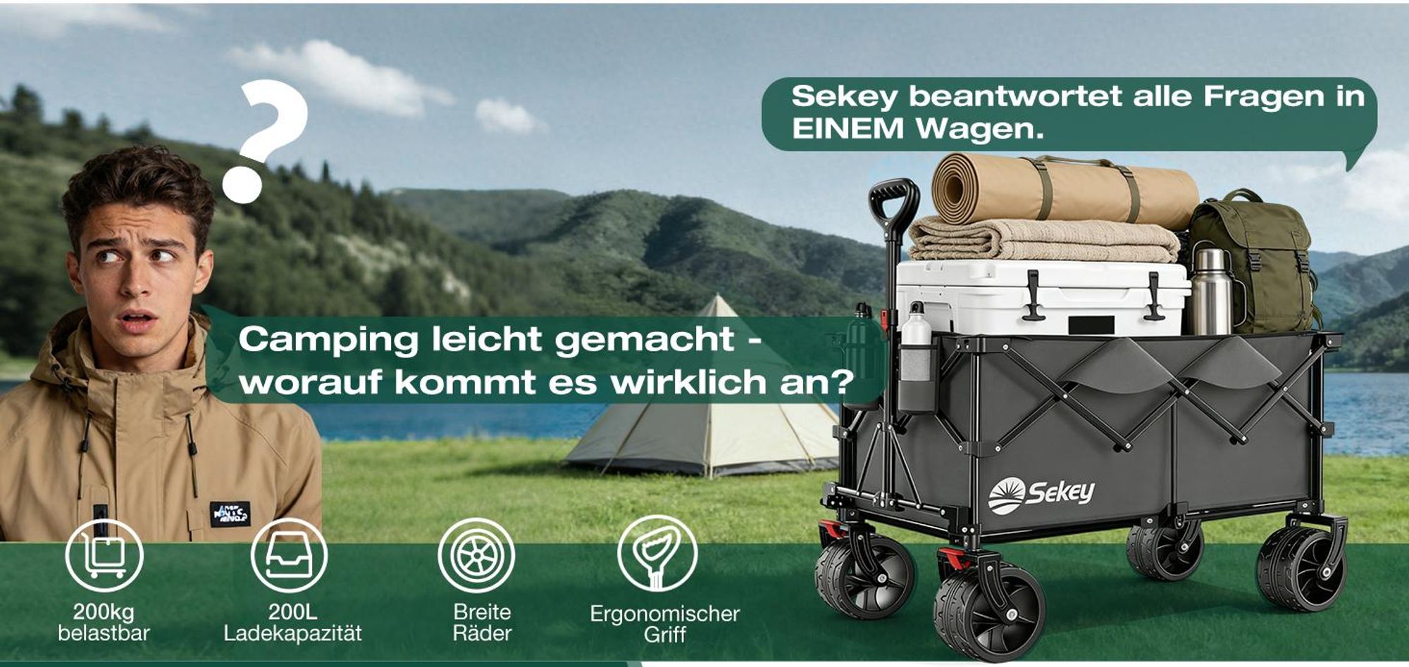 Sekey XXL Plus Bollerwagen Faltbar mit Extra Breite Räder, Faltbollerwagen belastbar 200kg Handwagen Klappbar Transportwagen, Grau