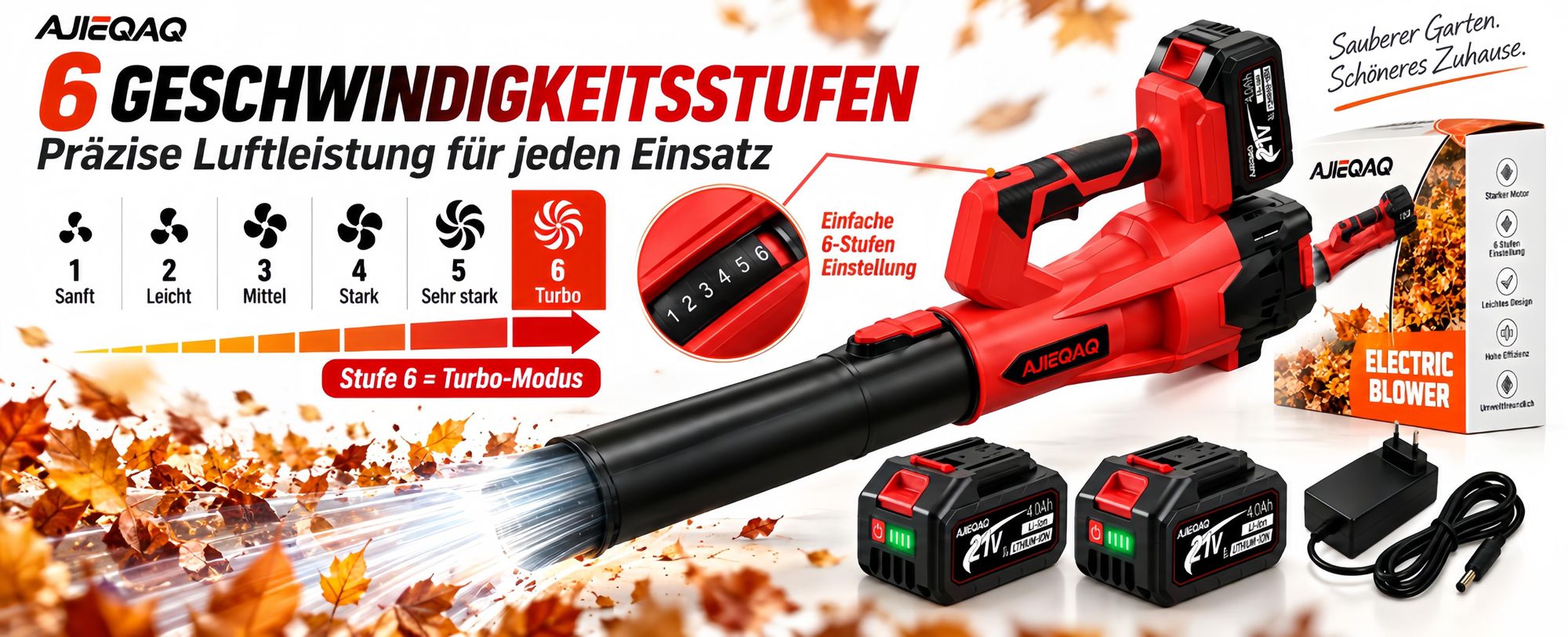 Akku-Laubbläser 21V Brushless, 2×4,0Ah Akkus, 320 km/h, 6 Stufen mit Turbo, 1000W, kabelloser Laubbläser mit 2 Rohren