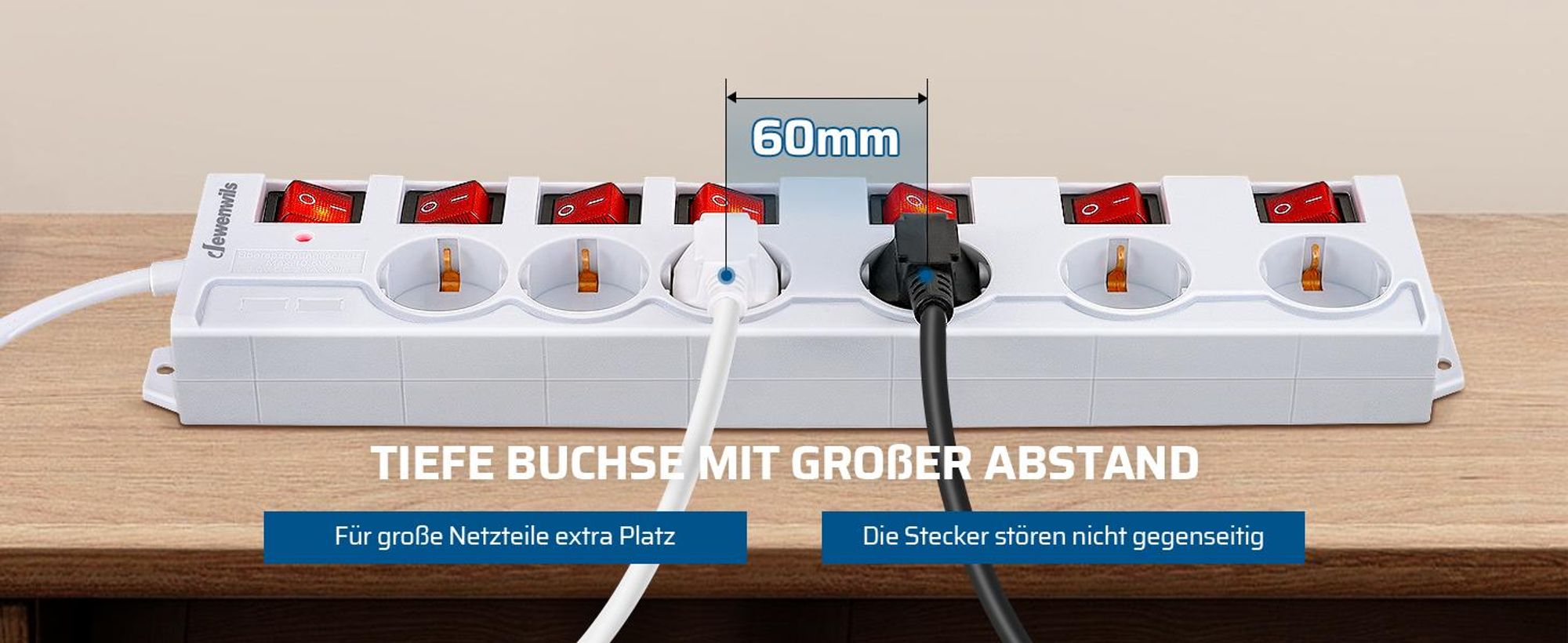 DEWENWILS 3M 6 Fach Steckdosenleiste Einzeln Schaltbar, Mehrfachsteckdose mit Überlastschutz, Kindersicherung, 90°-Anordnung, Weiß