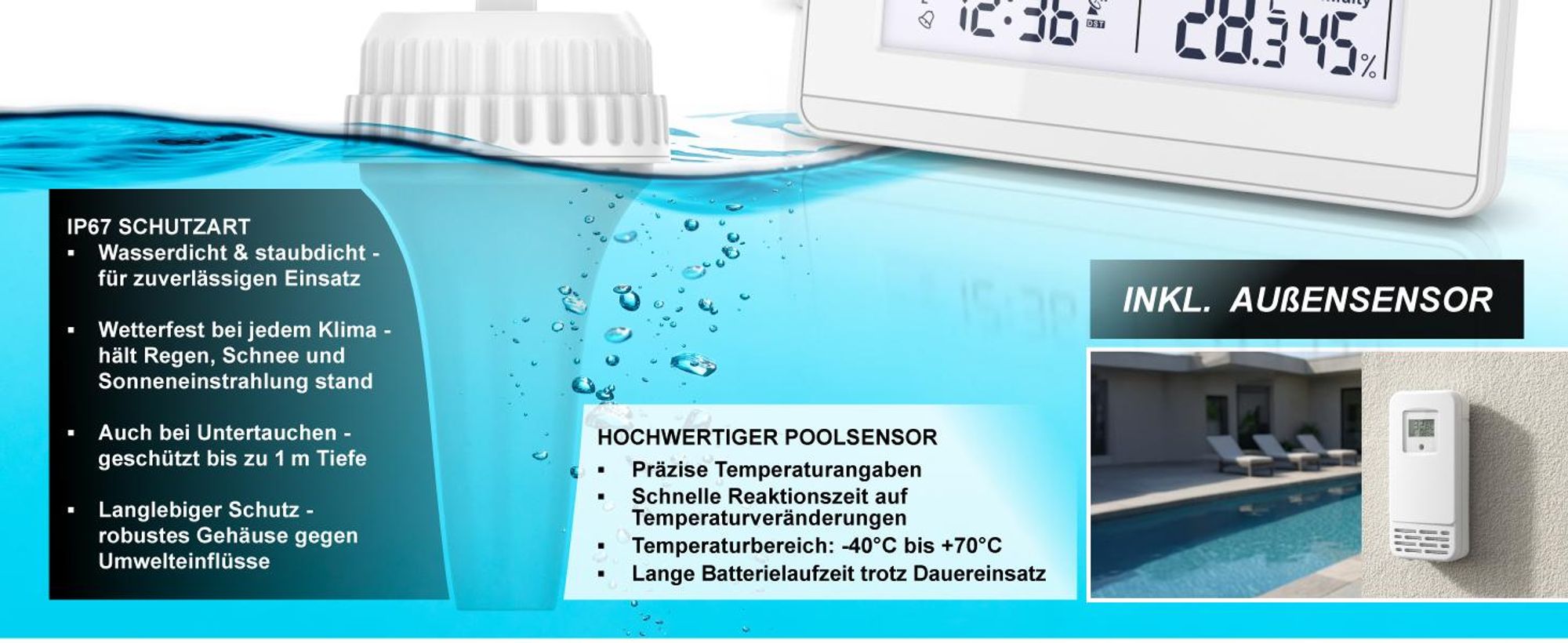 BEARWARE Funk Poolthermometer, Schwimmthermometer, Wasserthermometer mit Wetterstation, Reichweite bis 60m, Außensensor, Wassertemperatur, Luftfeuchte, Innen- und Außentemperatur