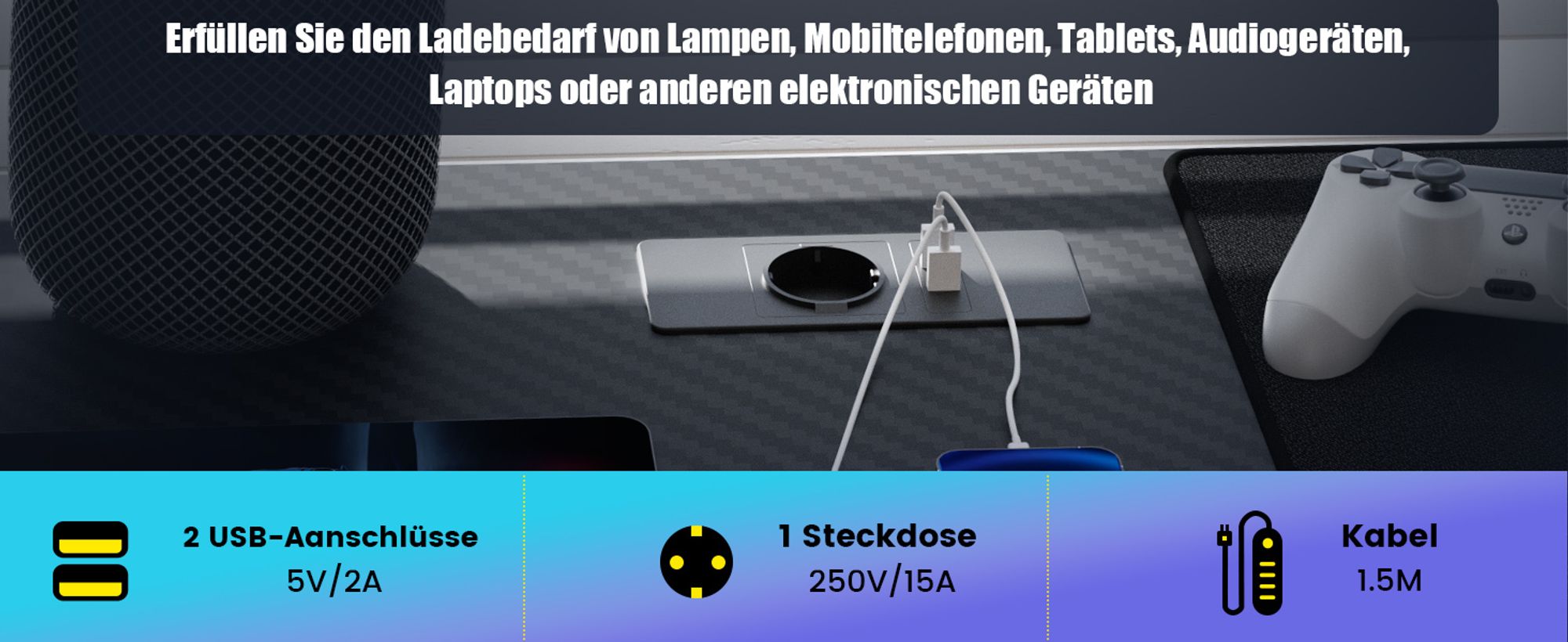 GTPLAYER 120 x 60cm Gaming Tisch, Gaming Schreibtisch mit Mauspad, Steckdose Gamer Tisch Computertisch mit Kopfhörerhaken Schwarz