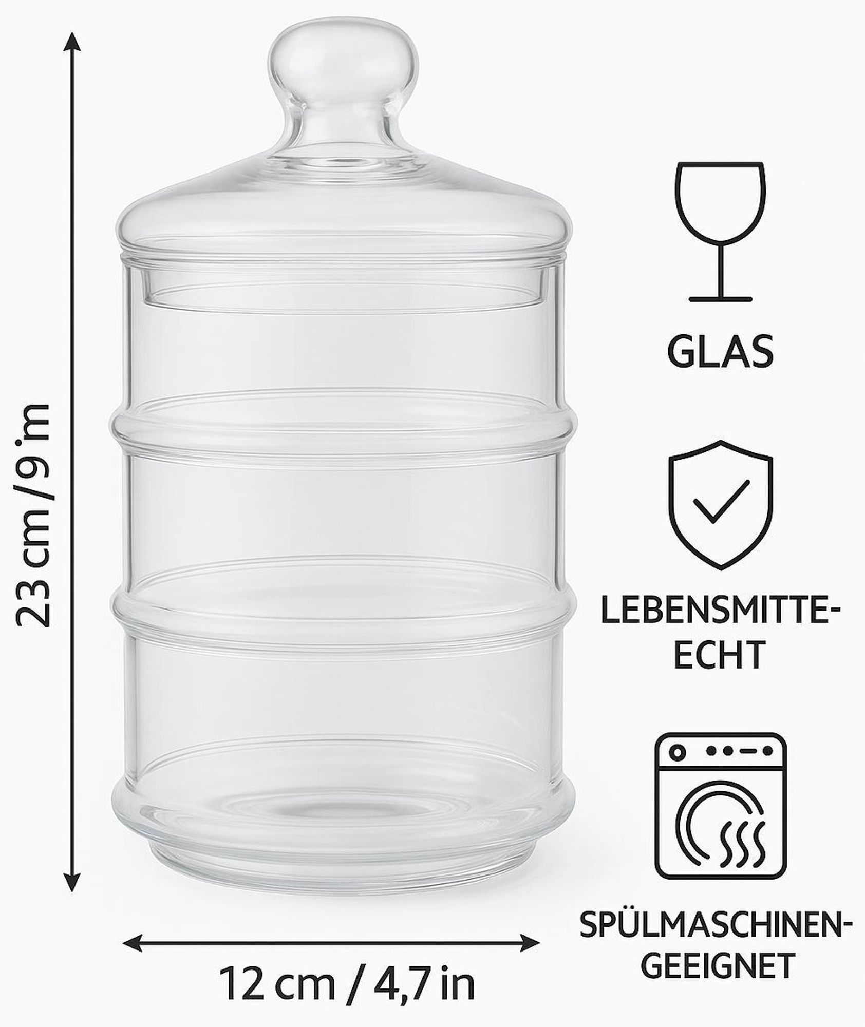 Bonboniere Glas mit Deckel – Vorratsglas 3-stöckig stapelbar – Glasbehälter für Süßigkeiten, Kekse, Pralinen, Snacks – Aufbewahrungsglas Küche & Deko