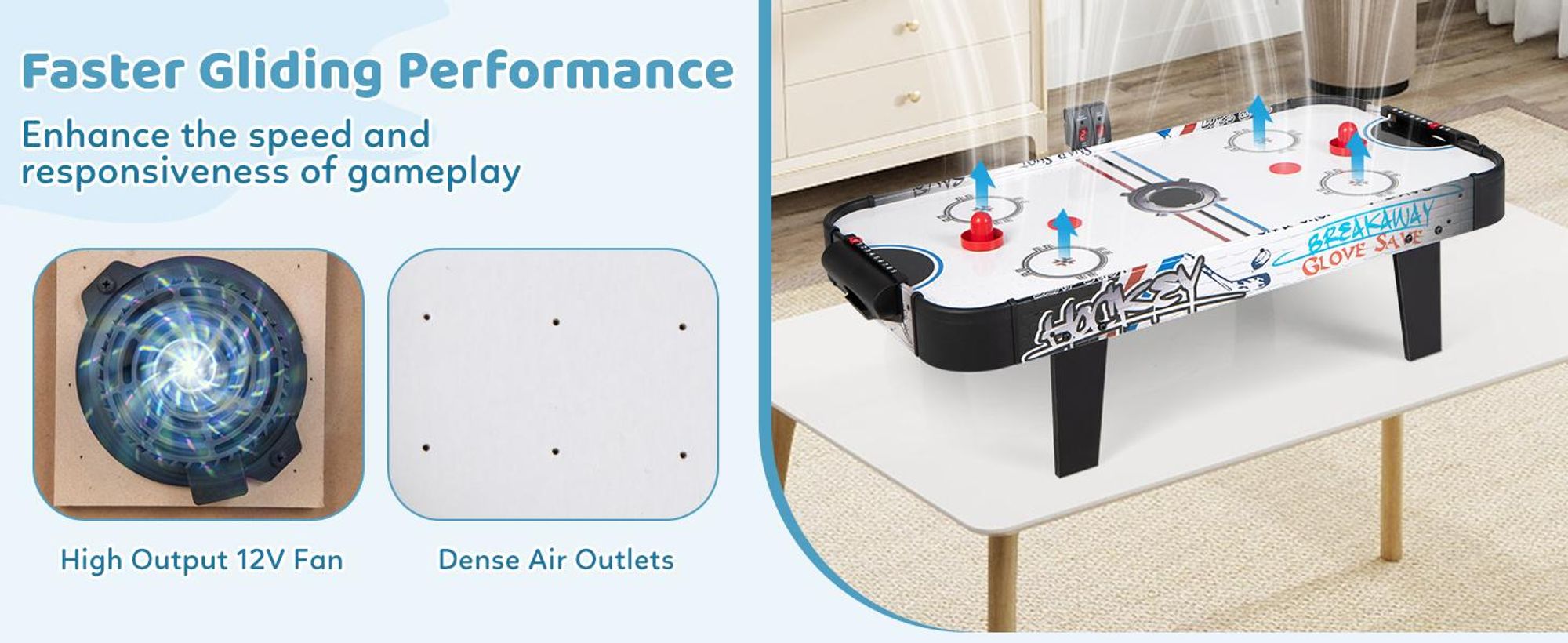 COSTWAY Airhockey Tisch, Airhockeytisch mit LED-Punktezähler, 2 Pucks, 2 Griffe & 2 Ziele, Lufthockey, Eishockey, Tischhockey, 106,5 x 53,5 x 30,5 cm