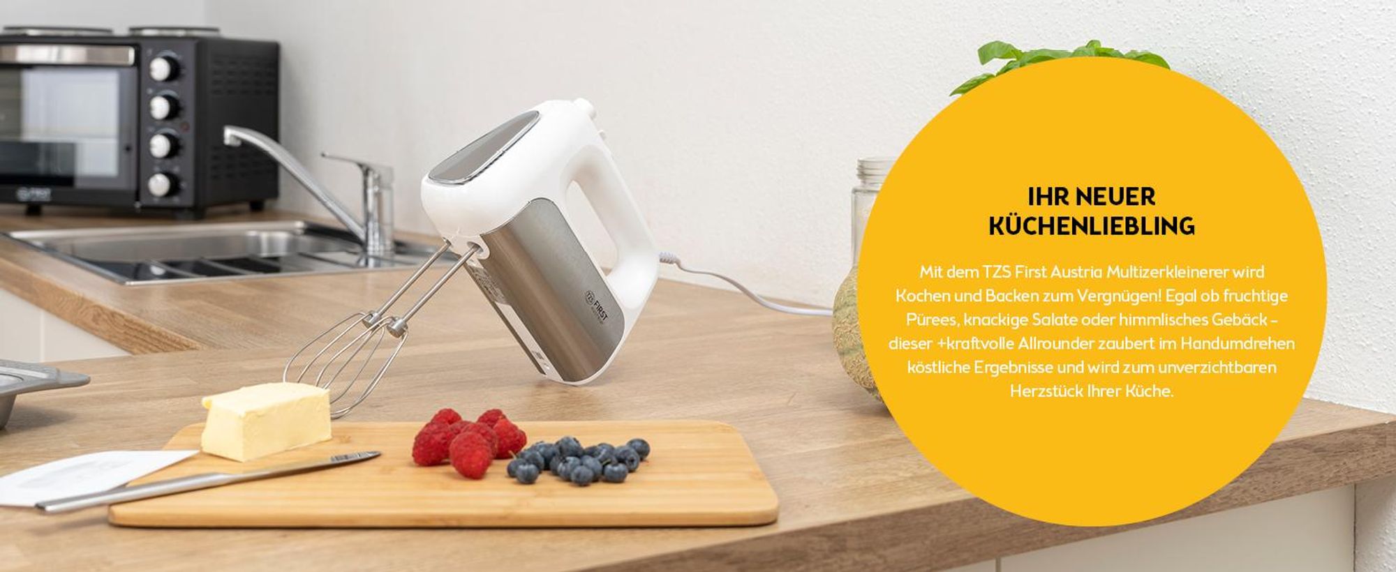 TZS First Austria Handmixer mit 3,5L Kunststoffschüssel mit Automatikantrieb, 500W, 5 Geschwindigkeiten, Turbofunktion, inkl. Knethaken und Rührbesen
