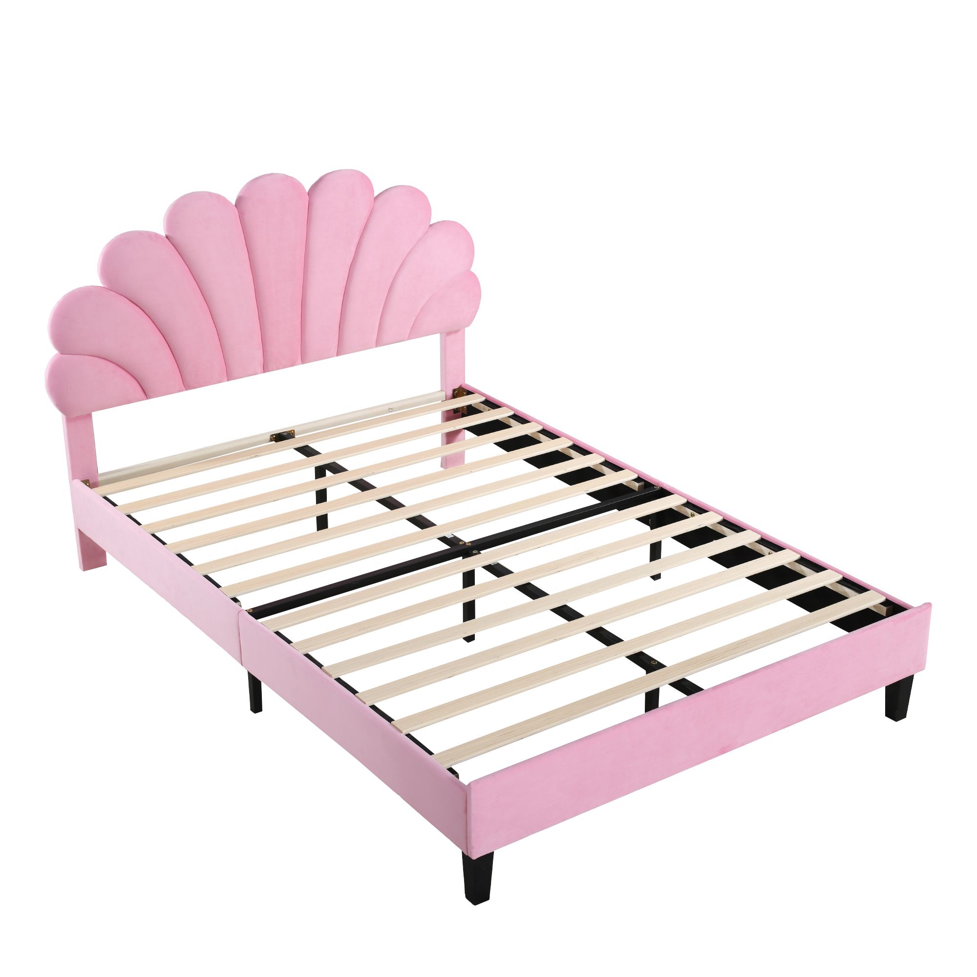 Flieks Polsterbett 140x200cm Samt mit Blumenform-Kopfteil und Lattenrost Doppelbett Kinderbett für Damen Kinder Jugend