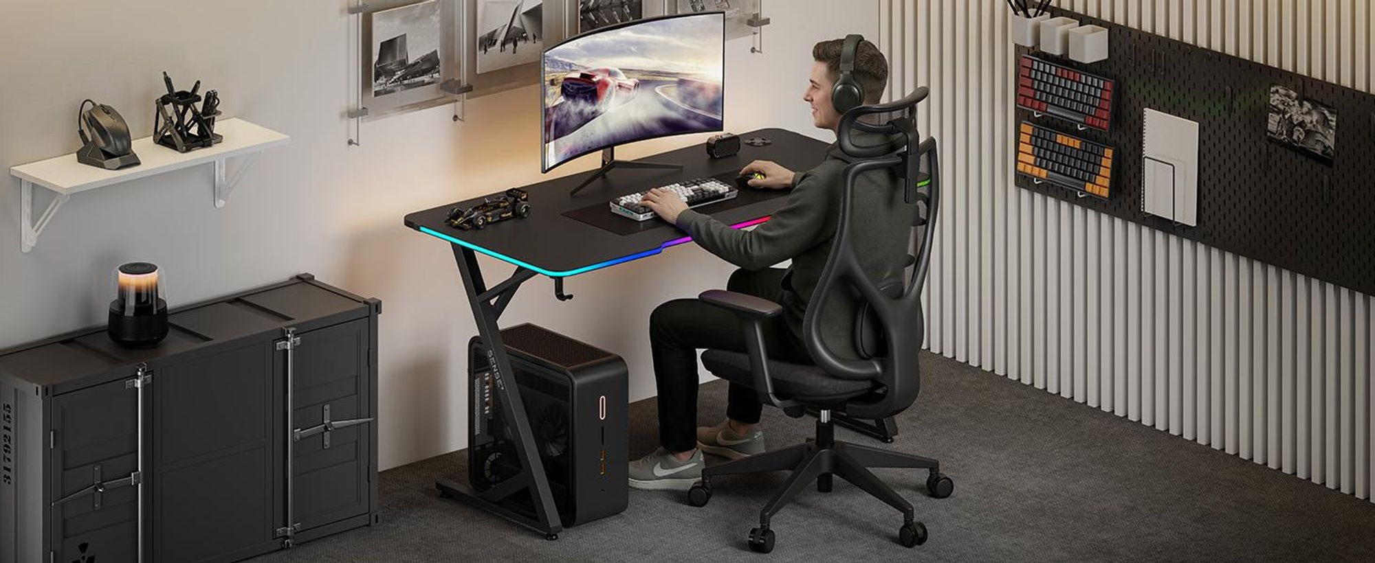 Sense7 VOLT RGB Gaming Schreibtisch 140x70 cm Schwarz Computertisch mit LED Beleuchtung PC Tisch groß Carbon Optik Gamer Tisch Home Office