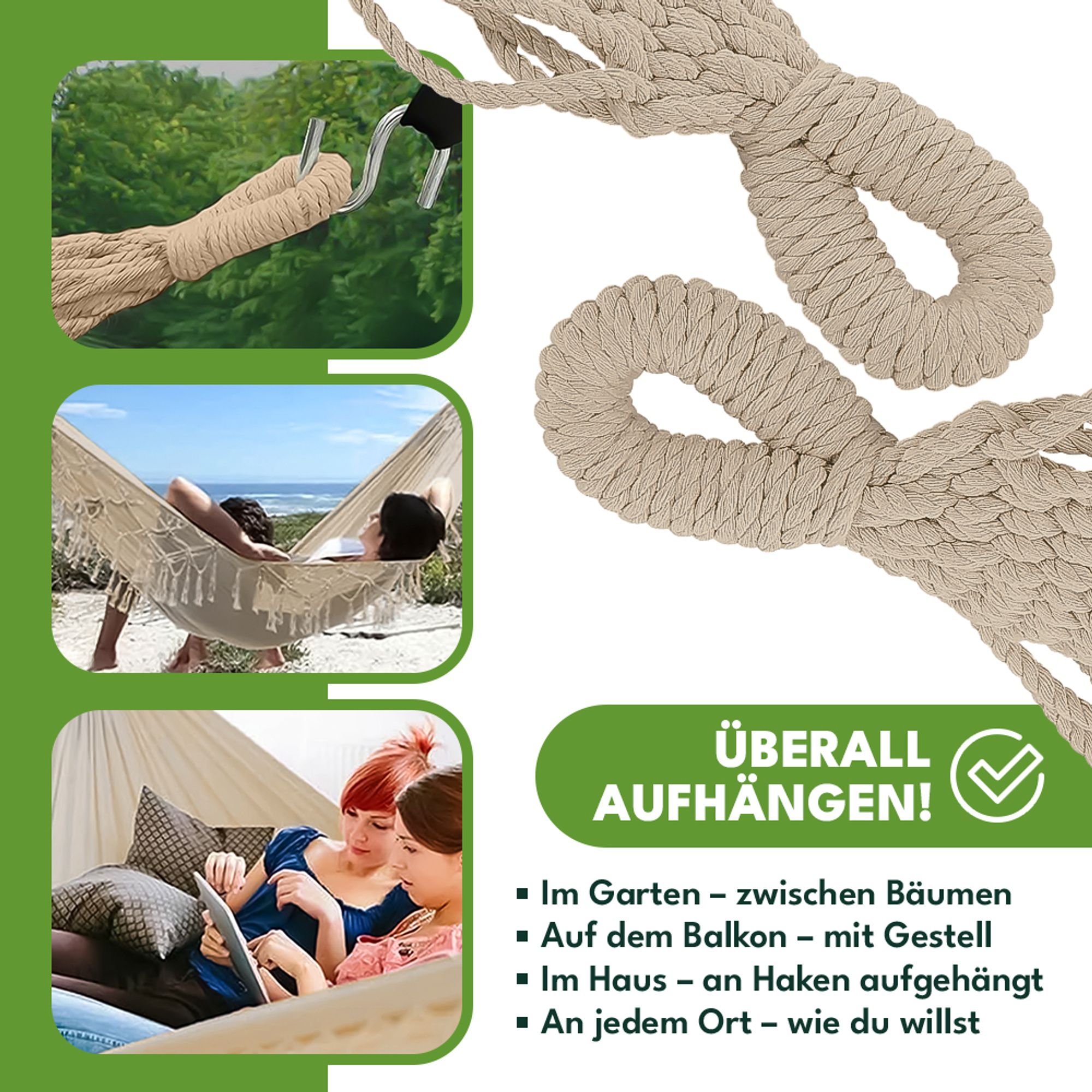 KRUMAD Hängematte Outdoor Boho-Stil 190x150 cm Beige 120 kg Belastbarkeit Mit Fransen Aufbewahrungstasche 2 Seilen Baumwolle-Polyester Outdoor Indoor