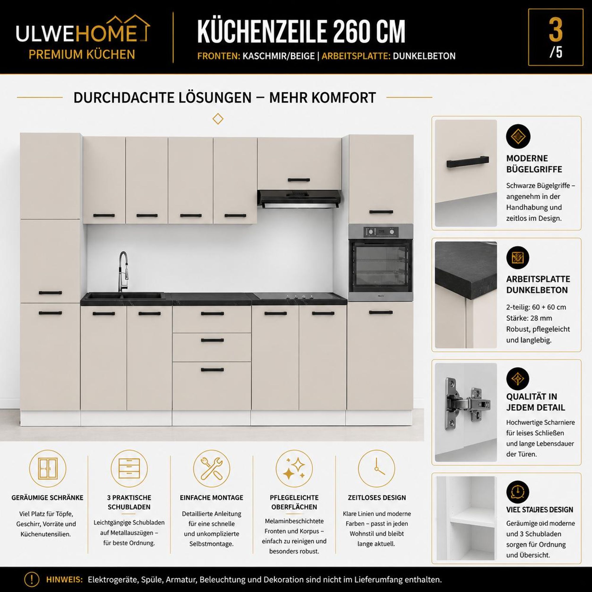 ULWEHOME Küchenzeile Kaschmir Beige 260 cm: Details, Schubladen & Scharniere