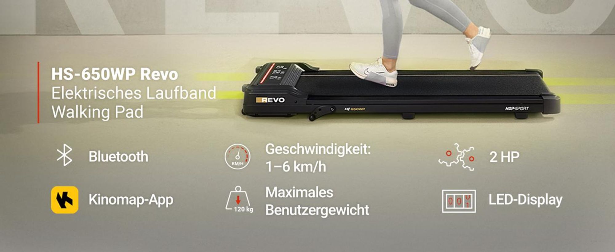 HOP SPORT® HS-650WP Elektrisches Laufband, Walking Pad für Zuhause und Büro, App, Bluetooth, Laufband Schreibtisch, Home-Office, 1-6km/h, LED-Display