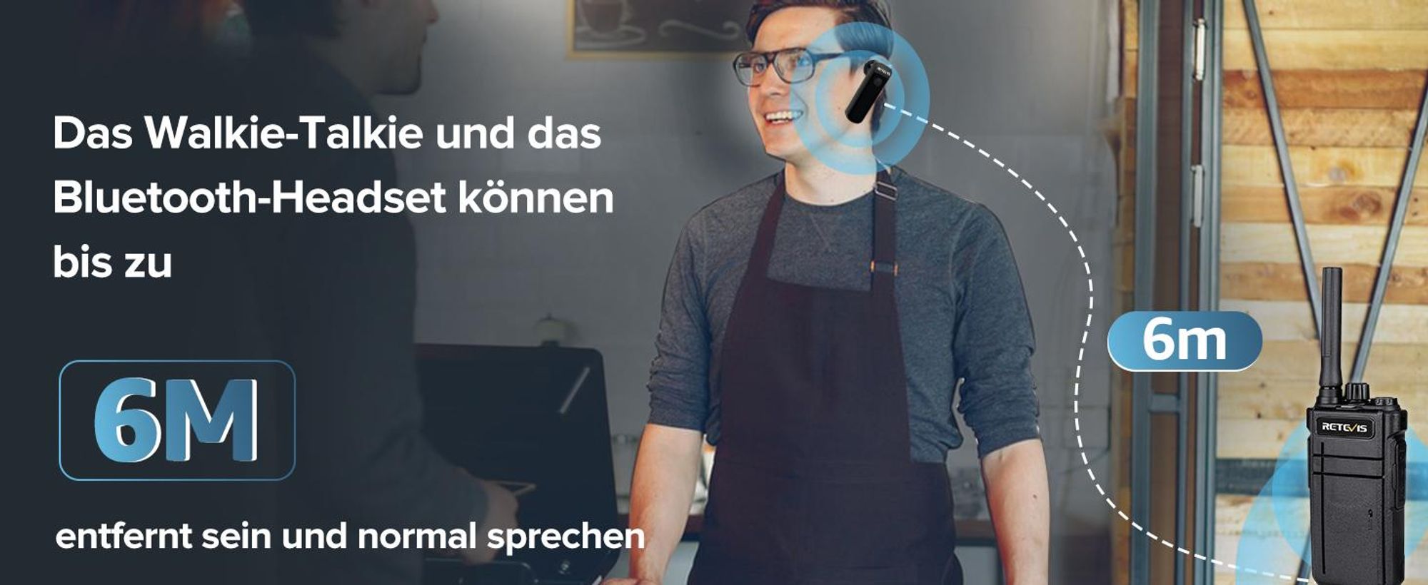 Retevis RB637 Funkgeräte, PMR446 Walkie Talkies, mit Kabellosem Bluetooth Headset, 2000 mAh, VOX, mit 6-Wege-Ladegerät, für Hotel, Restaurant