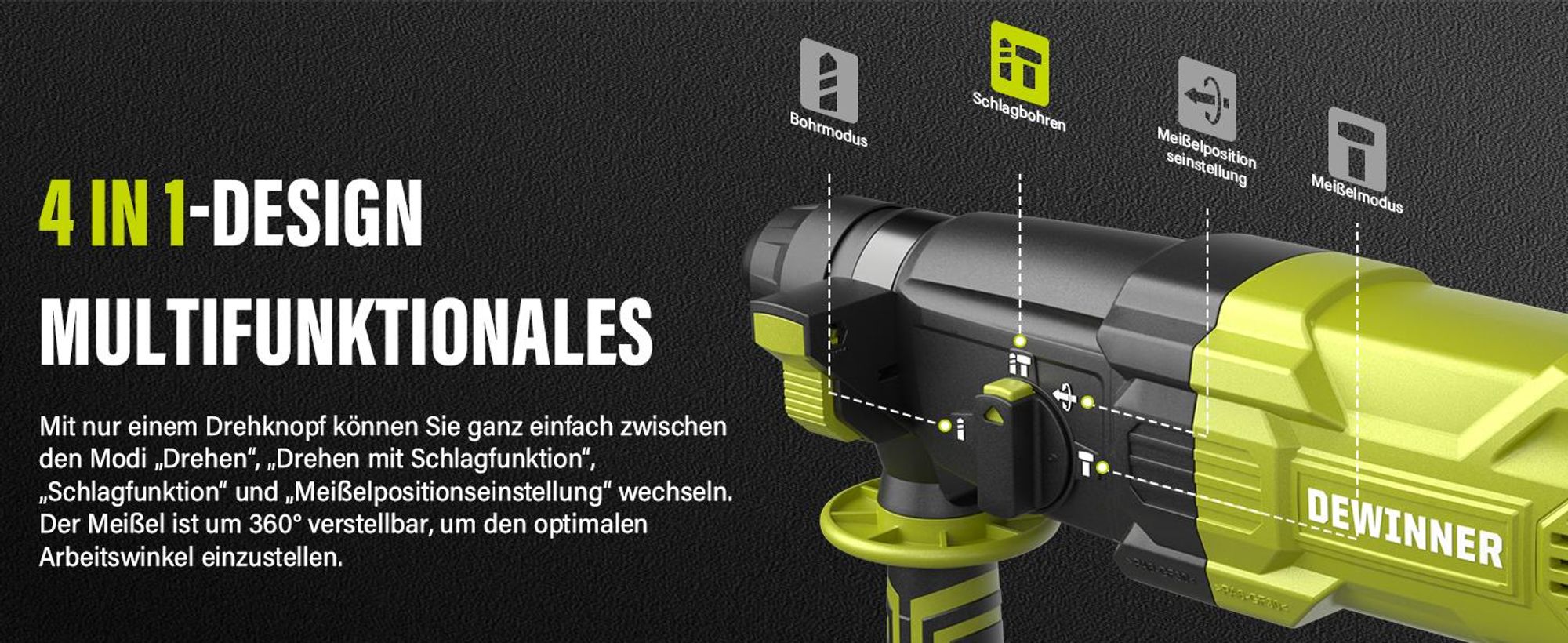 DEWINNER Bohrhammer, 1100 W, 3,4 J, Bohrhammer 0 – 1500 U/5500 BPM mit 4 Funktionen und Sicherheitskupplung, 20 Zubehörteile, variable Geschwindigkeit