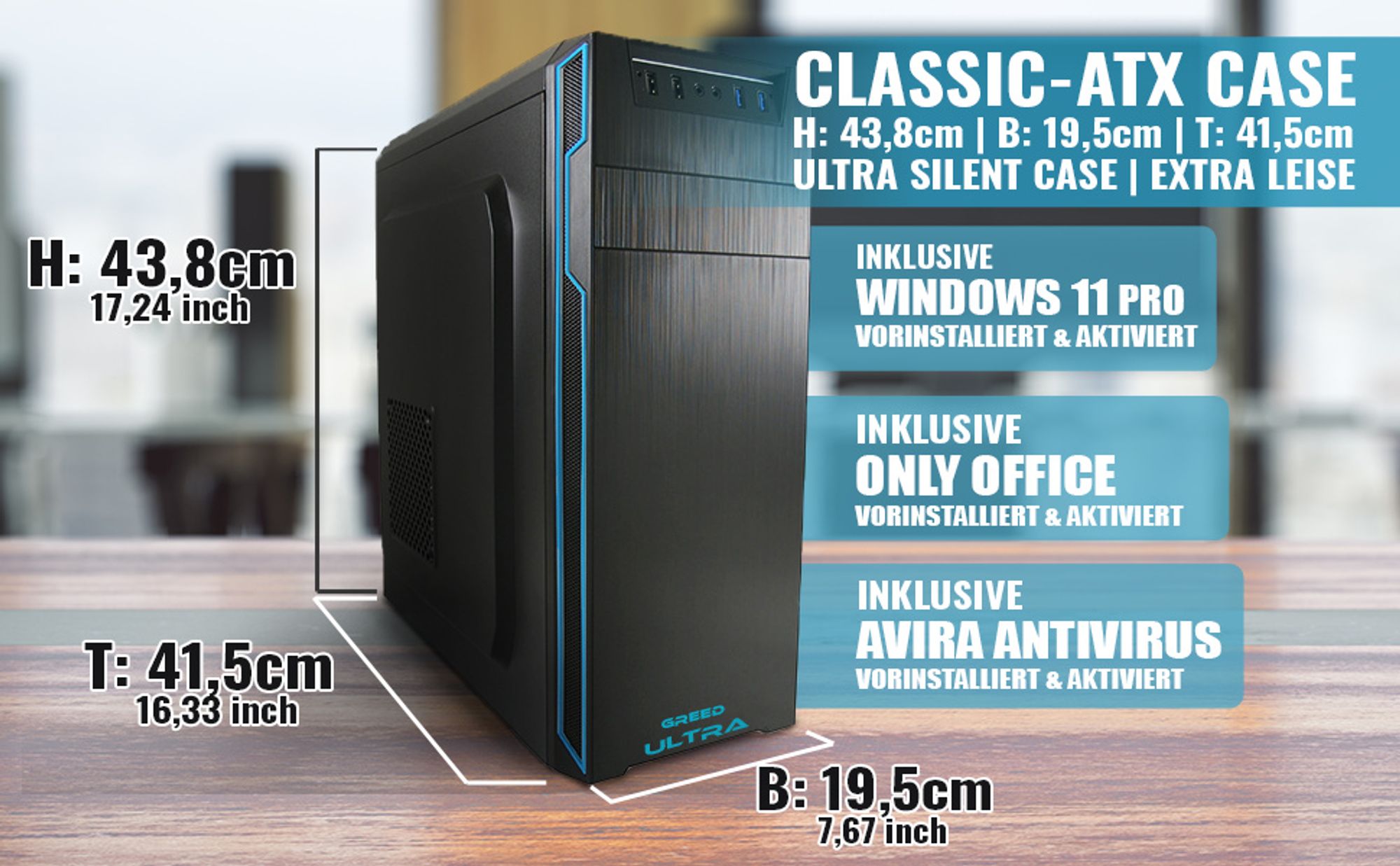 GREED® Ultra 7 - Schneller PC mit Intel Core i7 + Rechner für Büro & Home mit 4,0 GHZ, 16GB RAM - 1TB SSD + 1TB HDD - DVD+RW - WLAN, inkl. Win11 Pro