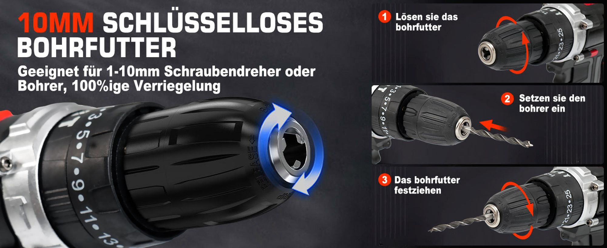 Akkuschrauber, Akku Bohrschrauber Set, Schlagbohrmaschinen, Akku-Bohrer, 48VF mit 2x 1500Ah Batterie,45Nm Max. Drehmoment, Professional Schnellladung