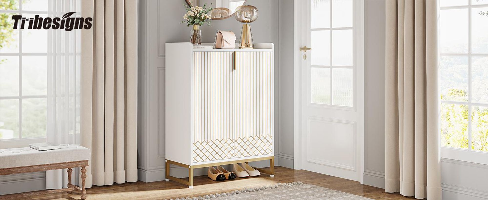 Tribesigns Schuhschrank mit 2 Türen, 75x35x105cm, Schuhregal Schuhkommode für 25 Paare, Schuhschrank weiß mit goldenem Metallrahmen, Schrank Flur Weiß