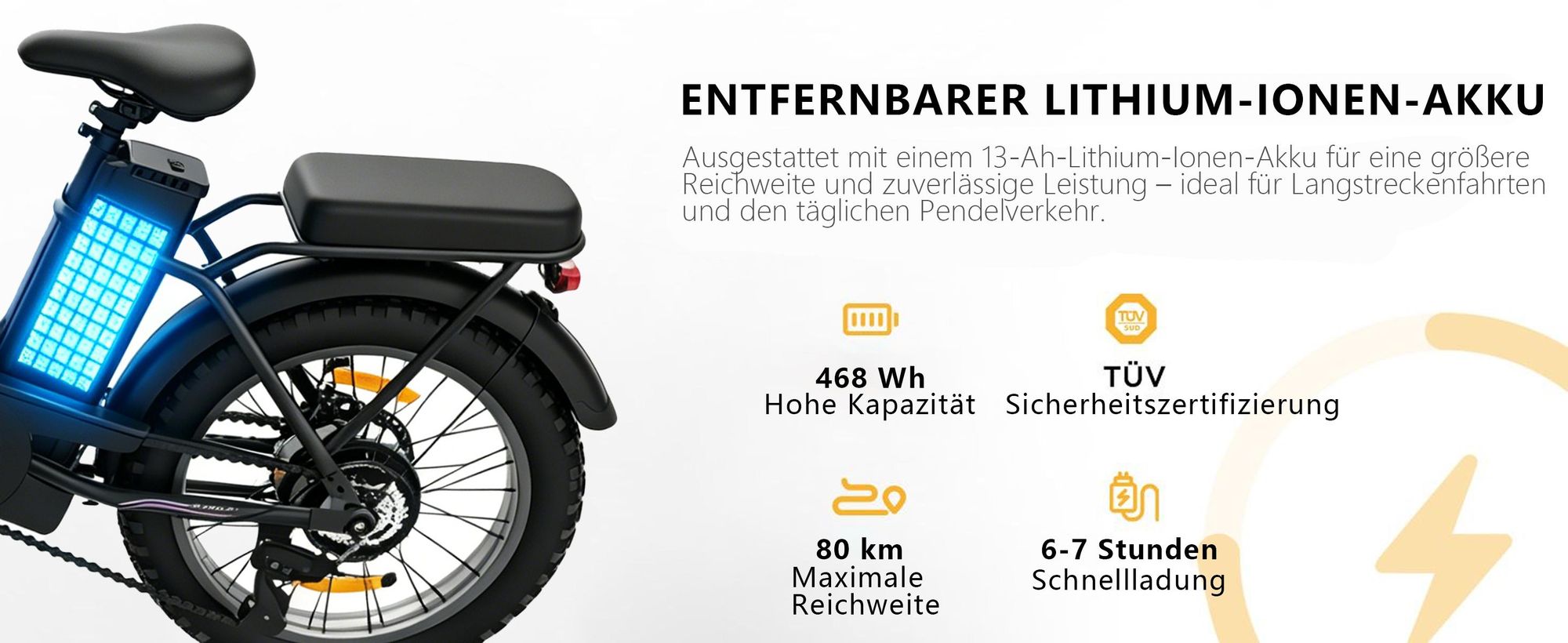 Runetic Ebike, Foldable e-bikes, 250W Motor, 36V 13Ah herausnehmbarer Akku, bis zu 100 km Reichweite, 25 km/h, 20" x 3,0" Breitreifen