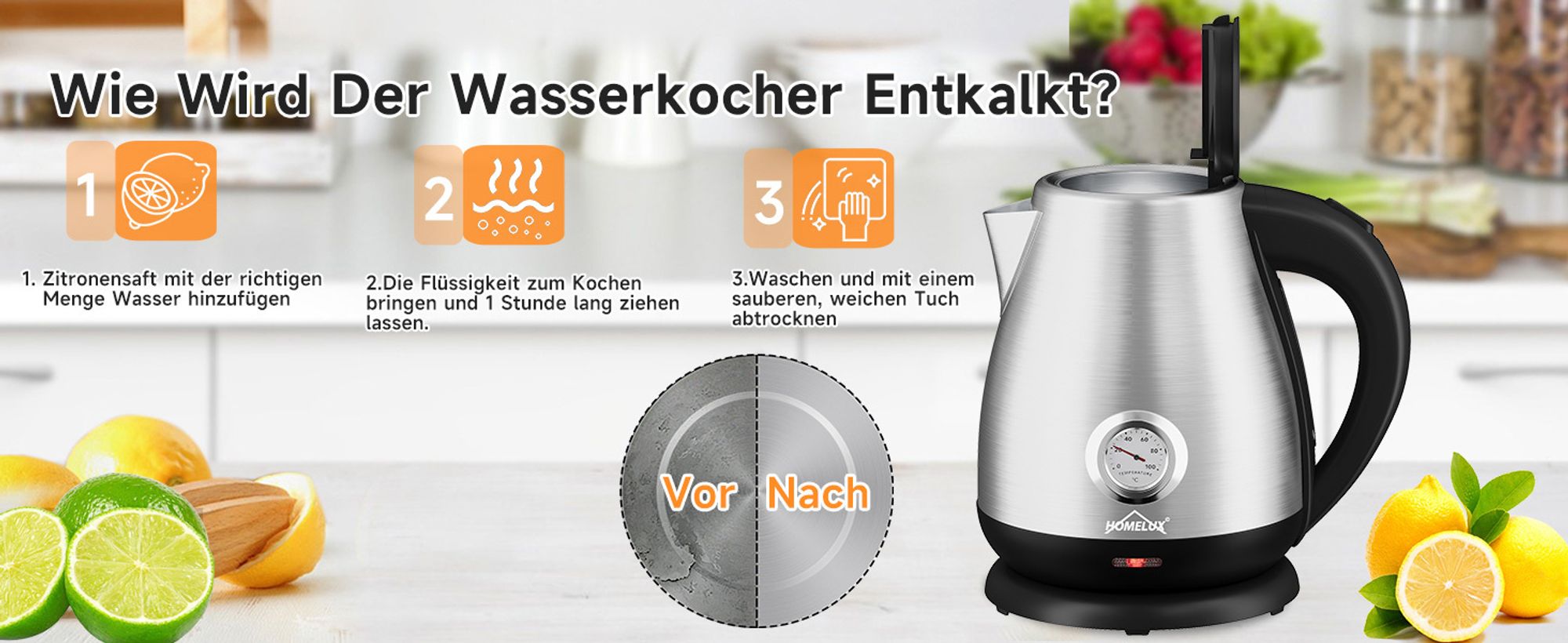 HOMELUX 1,7L Wasserkocher Edelstahl 2200W Retro Wasserkocher Elektrischer mit Analogem Thermometer & sichtbarer Wasserstand, LED-Beleuchtung, Silber