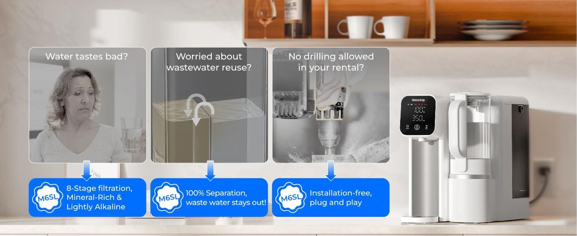 Waterdrop M6SL Mineralisiertes Auftisch Osmoseanlage, Raumtemperatur | Glaskaraffe, 8-Stufen-Filtration, 3:1 Rein- zu Abwasser, NSF/ANSI 58 & 372 , BPA-frei